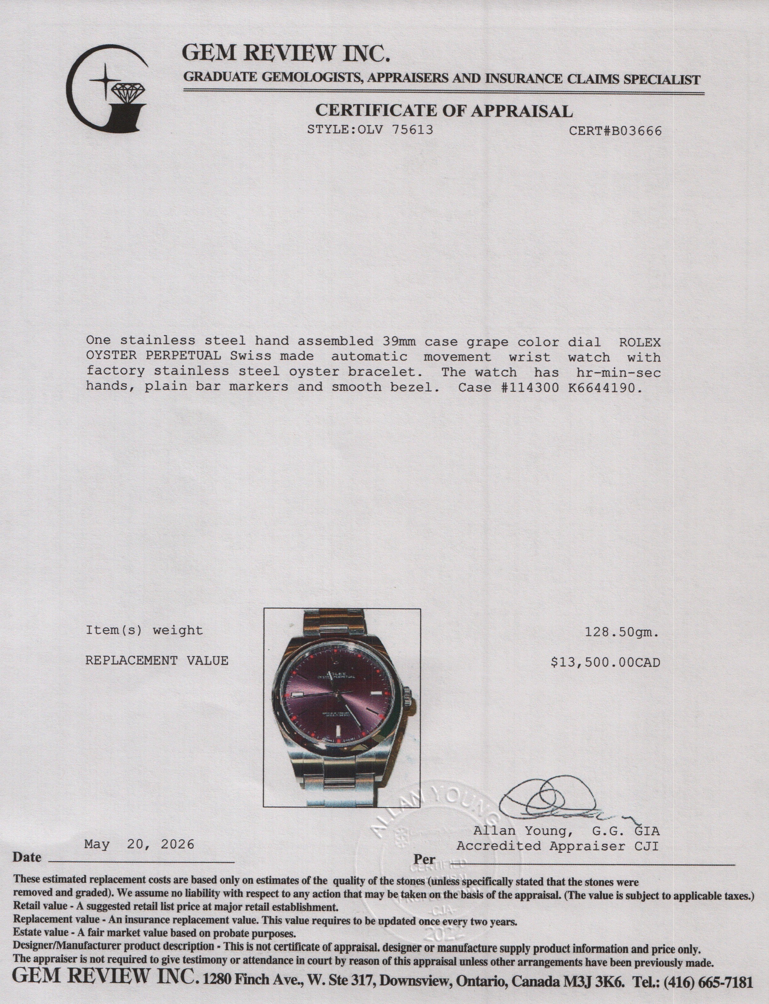 Rolex Stainless Steel Oyster Perpetual 39 MM Watch Grape Dial 114300 w/ Box & Papers