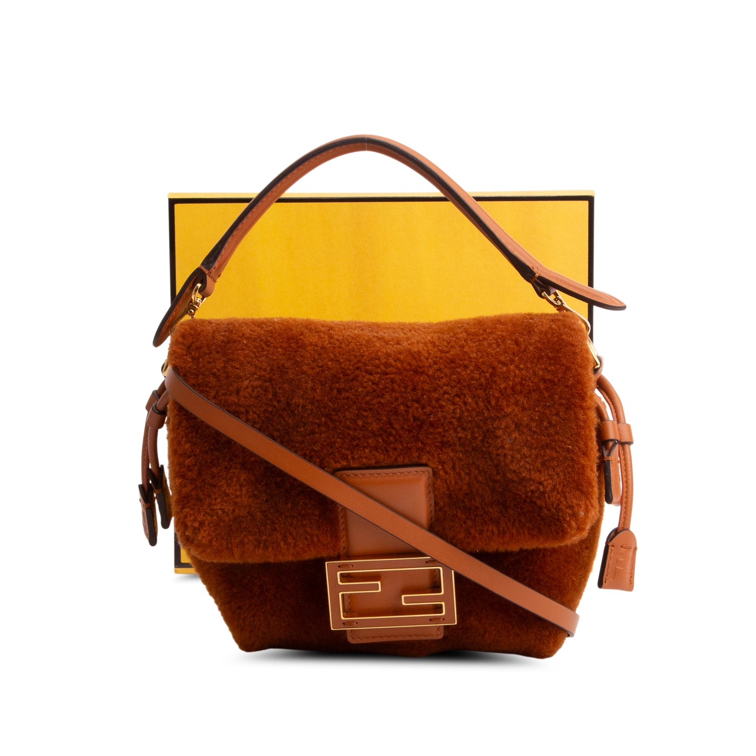 Fendi 2025 Brown Shearling Small Mama Baguette w/ Box, Receipt & Straps