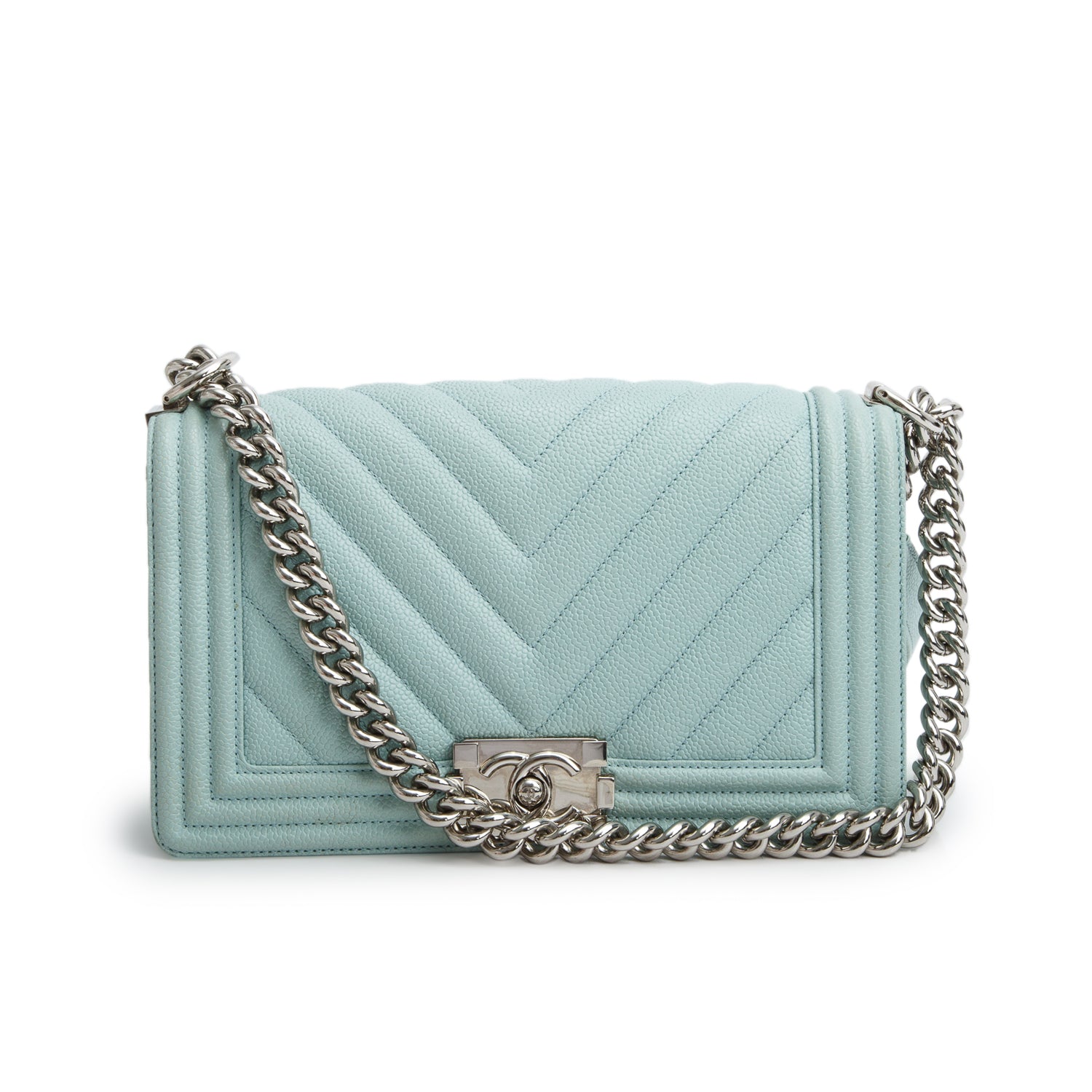 Chanel Turquoise Caviar Chevron Quilted Medium Boy Bag w/ Authenticity Card