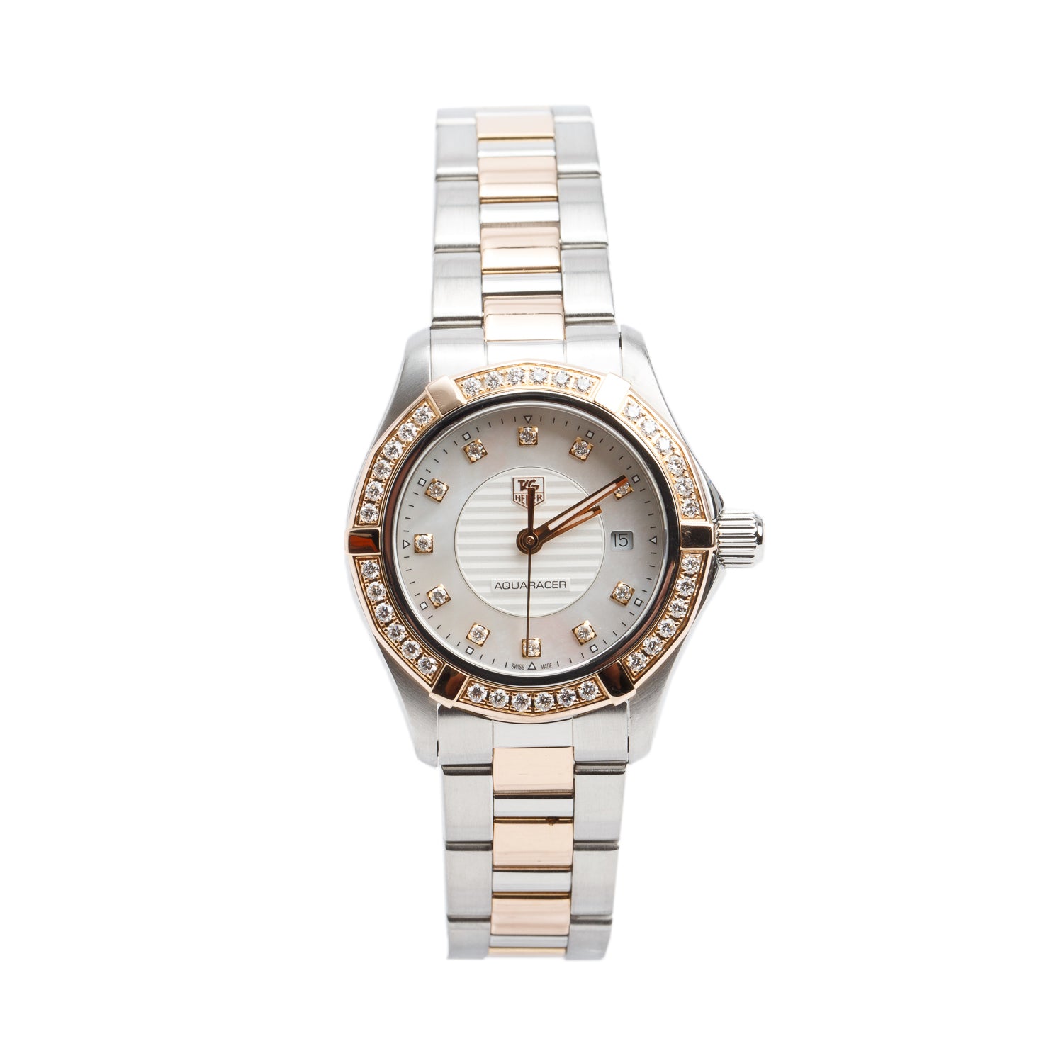 Tag Heuer Stainless Steel & 18 Rose Gold Diamond Bezel Aquaracer 27 MM Quartz Watch Diamond Mother of Pearl Dial WAP1452