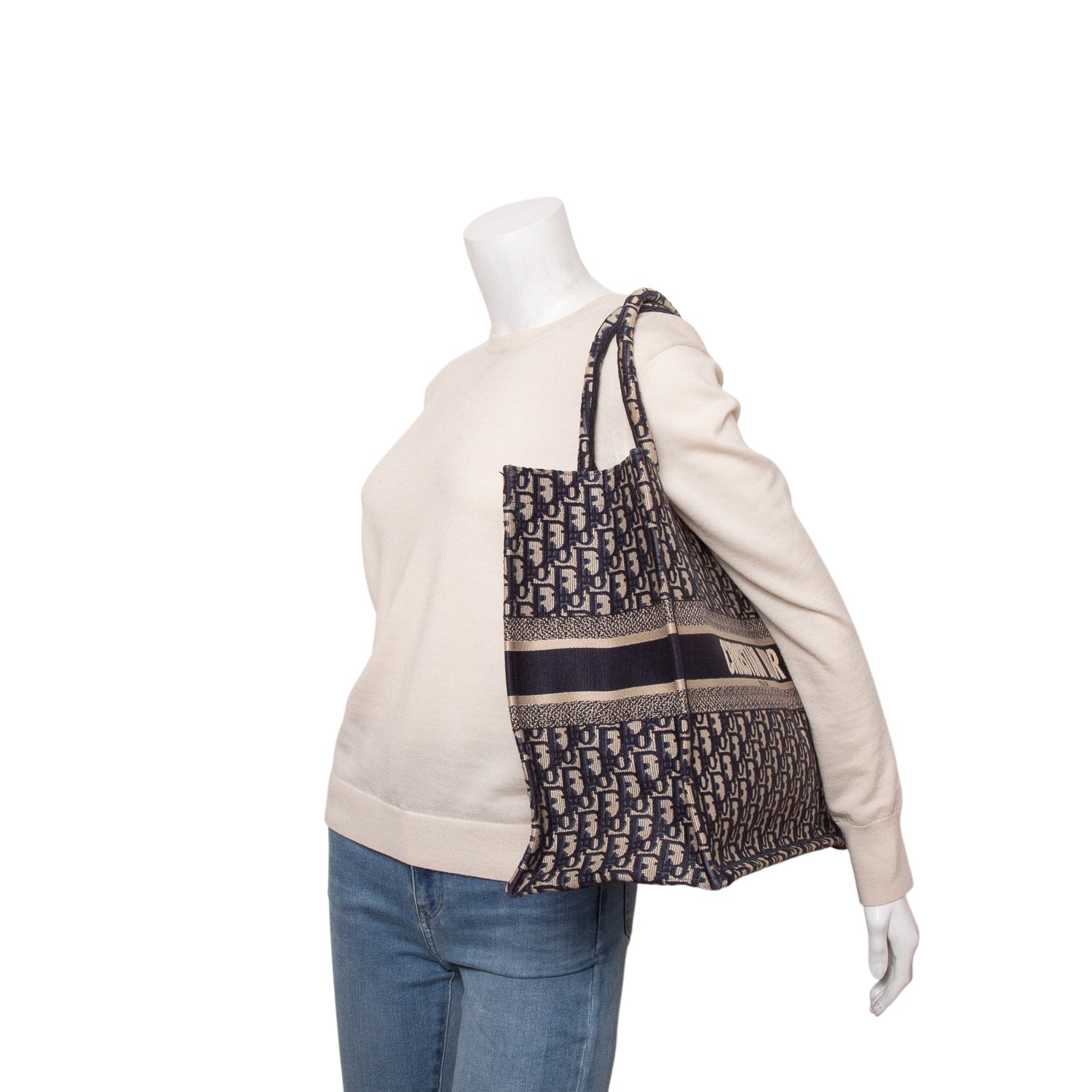 Christian Dior Ecru and Blue Dior Oblique Embroidery Large Book Tote