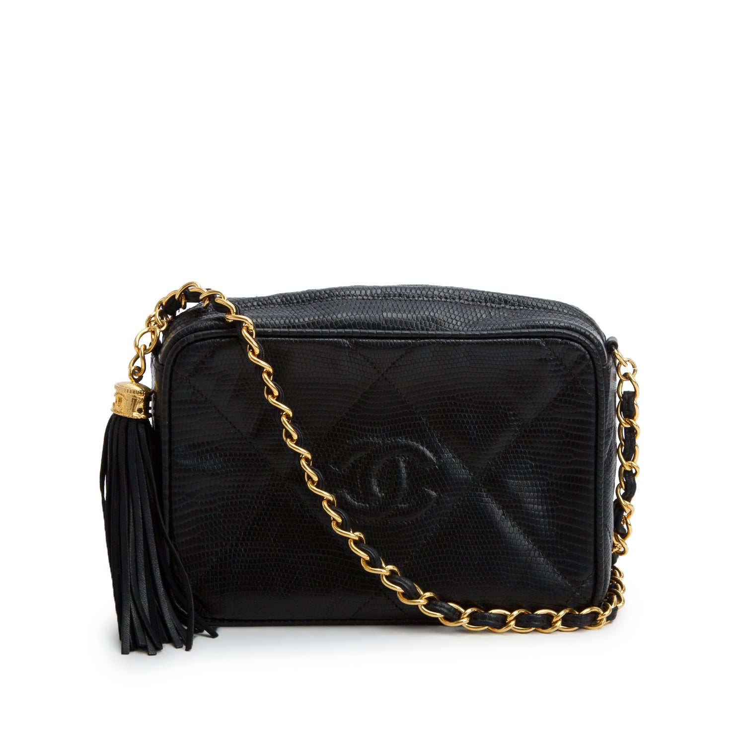 Chanel Vintage Black Lizard Quilted Tassel Camera Bag w/ Authenticity Card