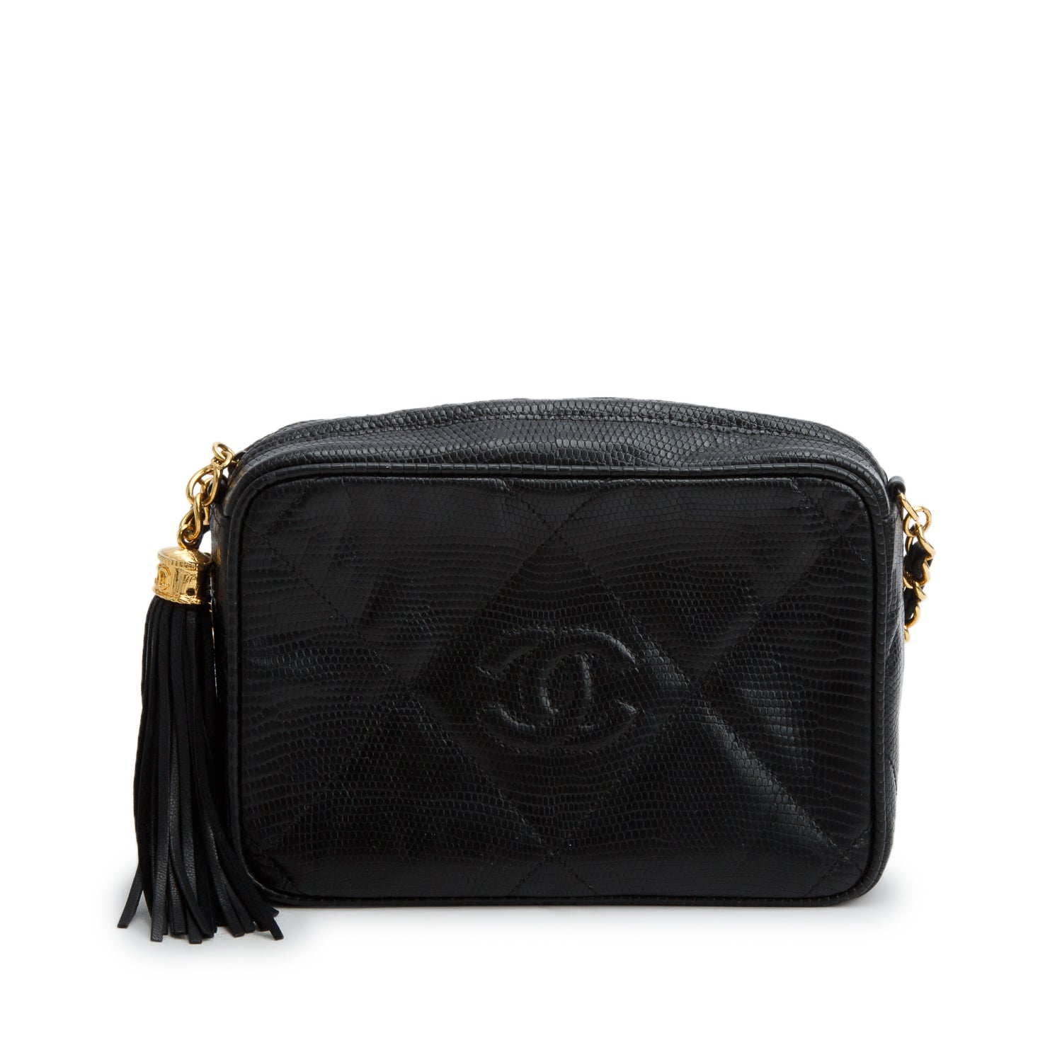 Chanel Vintage Black Lizard Quilted Tassel Camera Bag w/ Authenticity Card
