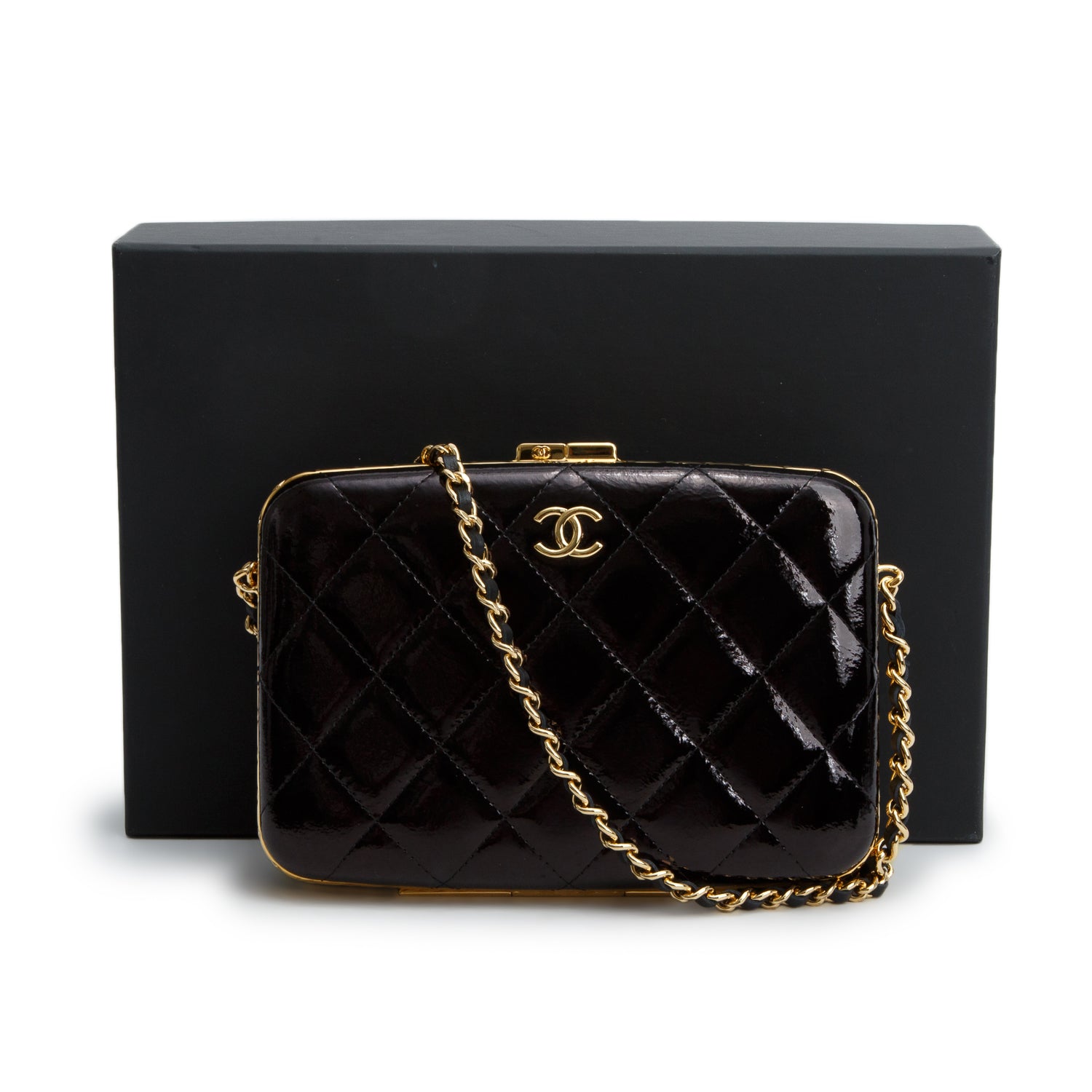 Chanel 2021 Black Patent Leather Quilted Frame Box Bag w/ Box & Authenticity Card