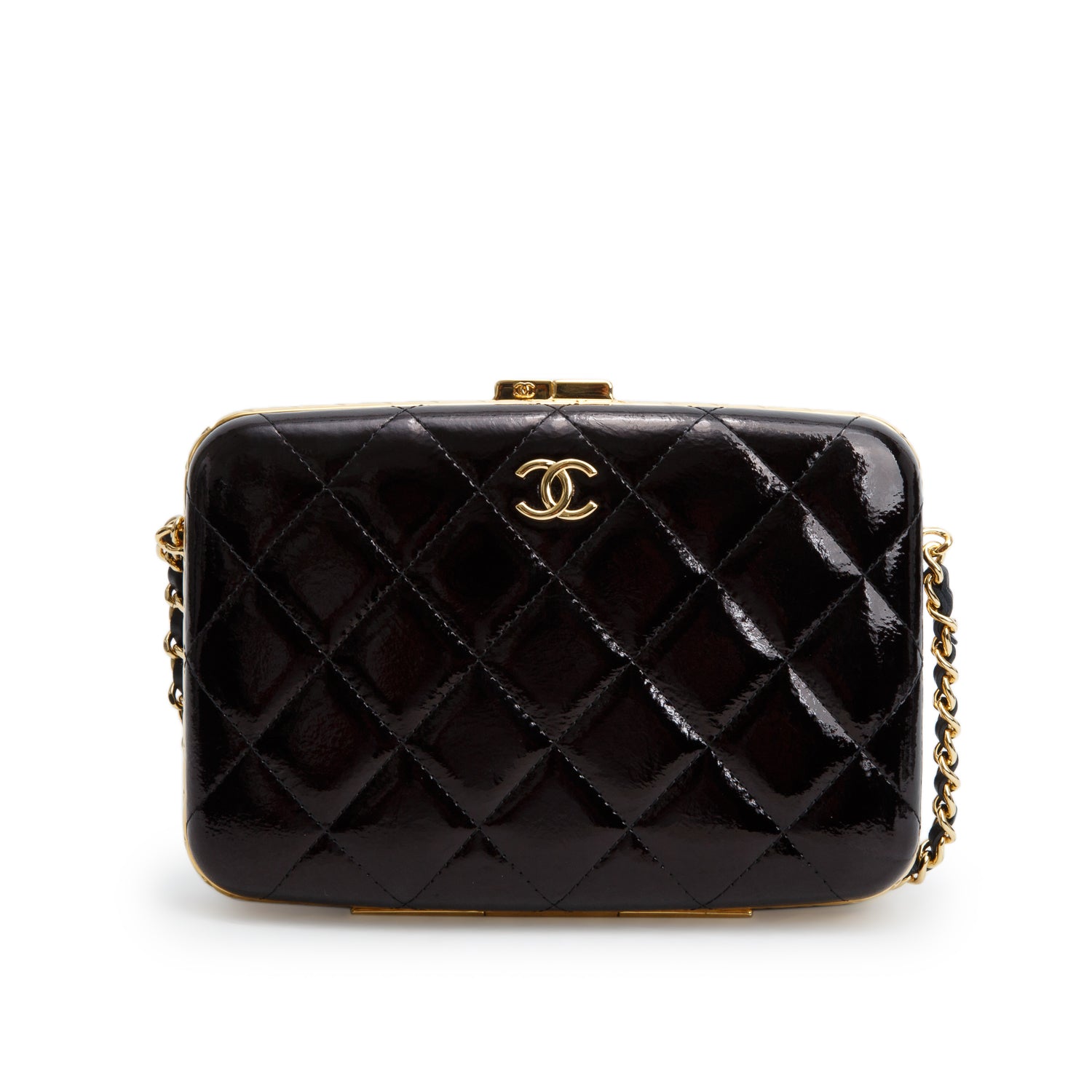 Chanel 2021 Black Patent Leather Quilted Frame Box Bag w/ Box & Authenticity Card