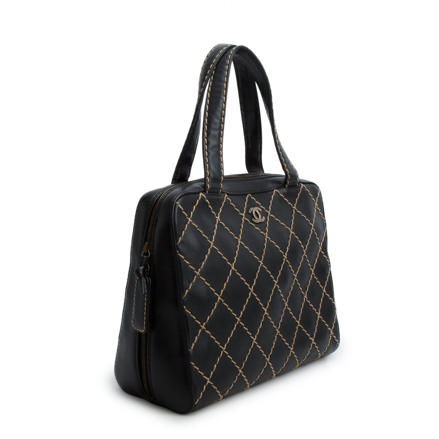Chanel Black Calfskin Contrast Stich Surpique Bowler w/ Authenticity Card & Pouch