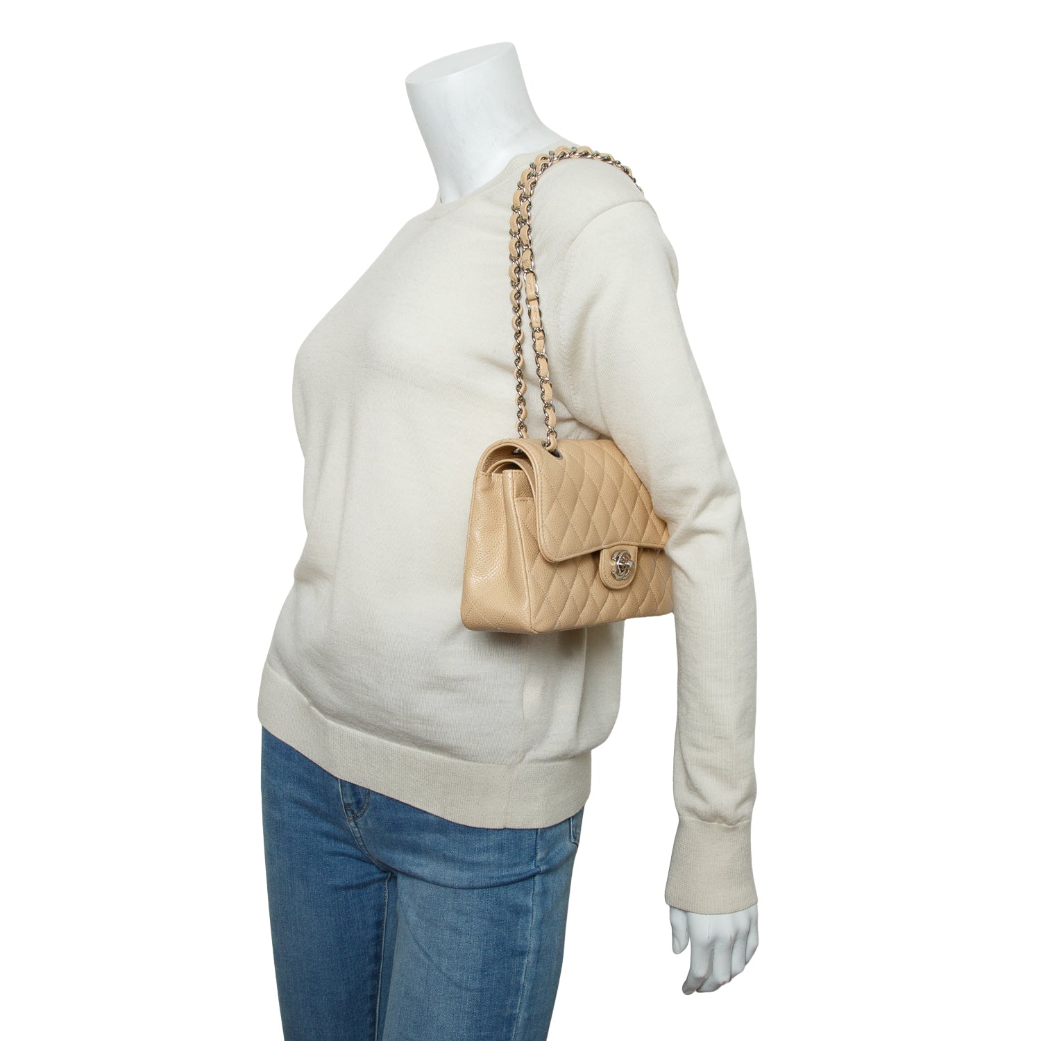 Chanel 2024 Beige Quilted Caviar Leather Classic Small Double Flap Bag w/ Receipt