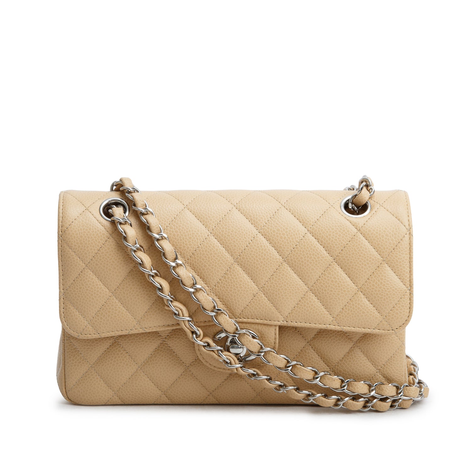 Chanel 2024 Beige Quilted Caviar Leather Classic Small Double Flap Bag w/ Receipt