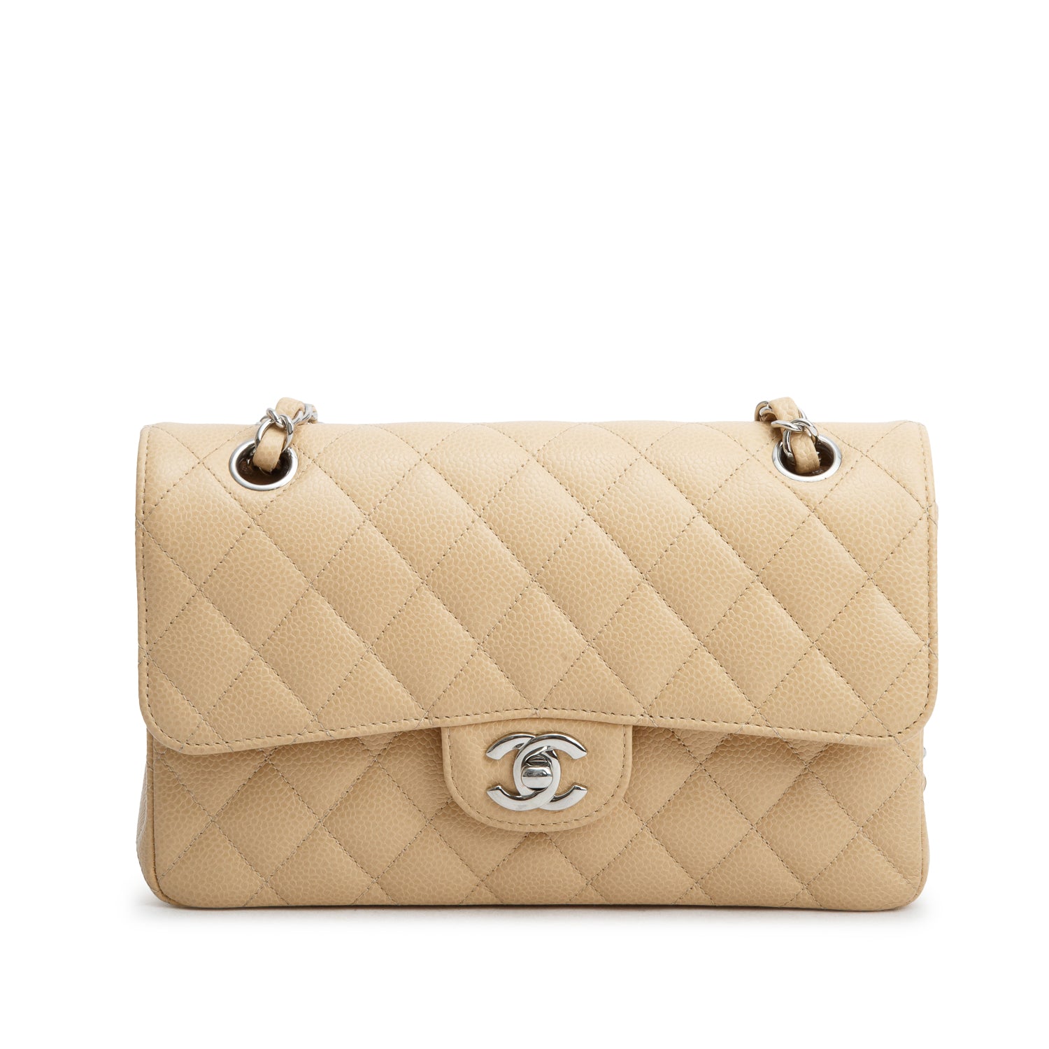 Chanel 2024 Beige Quilted Caviar Leather Classic Small Double Flap Bag w/ Receipt