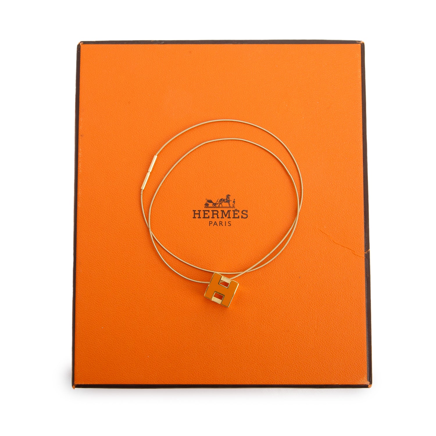 Hermes Gold-Plated Orange Enamel Pop H Cube Pendant Necklace w/ Box