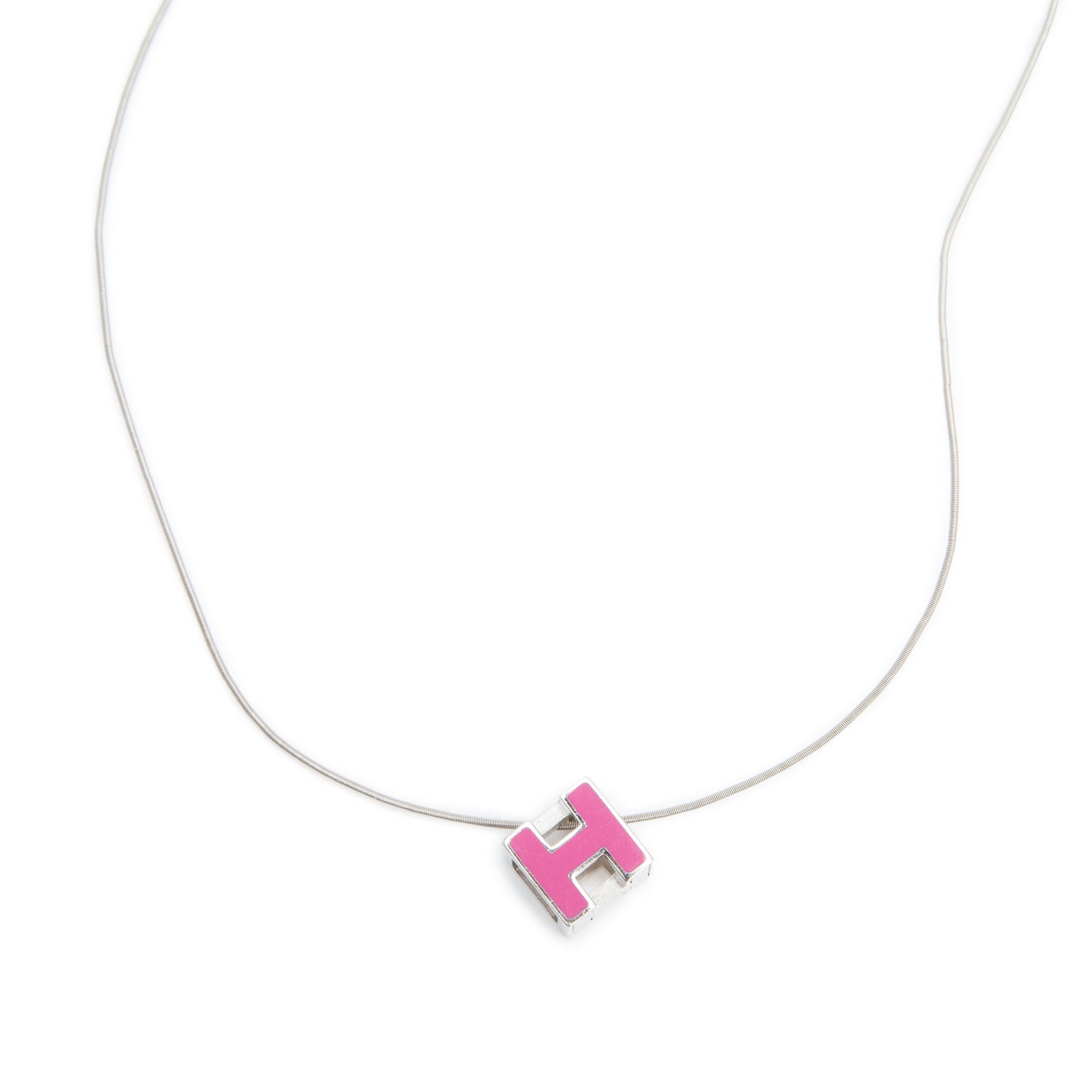 Hermes Palladium-Plated Pink Enamel Pop H Cube Pendant Necklace