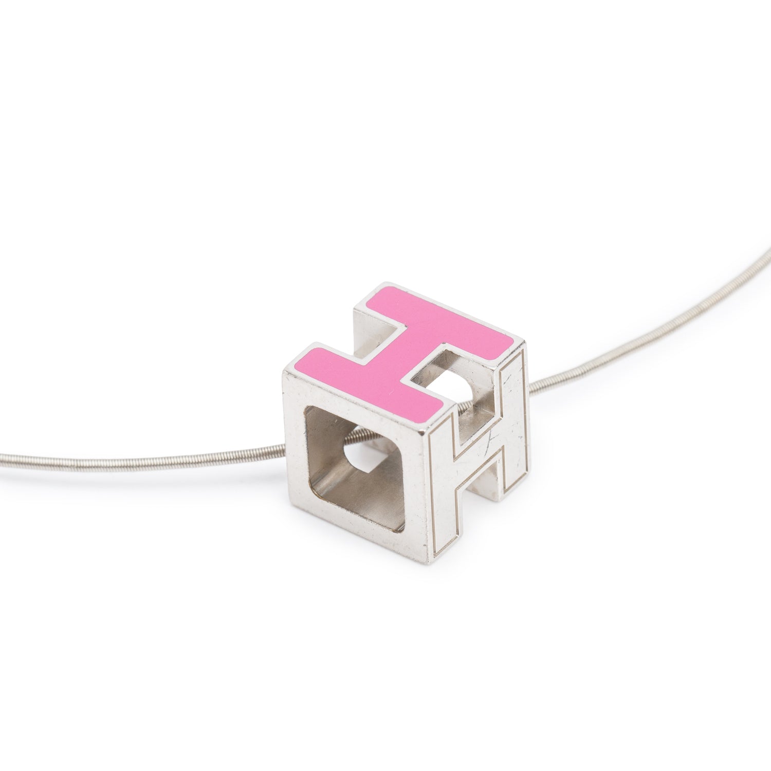 Hermes Palladium-Plated Pink Enamel Pop H Cube Pendant Necklace