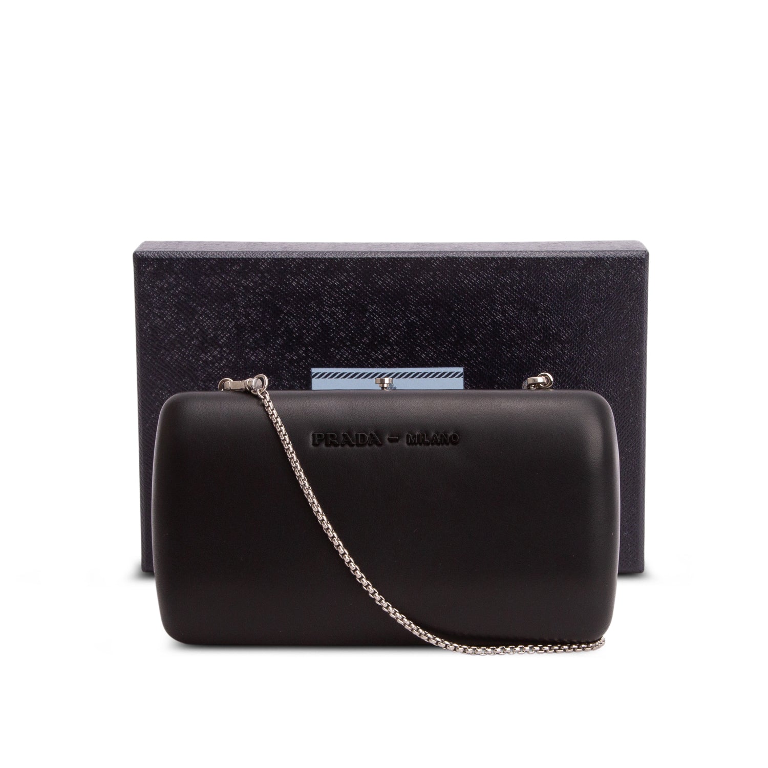 Prada Black Nappa Kiss Lock Clutch w/ Box, Authenticity Card & Chain