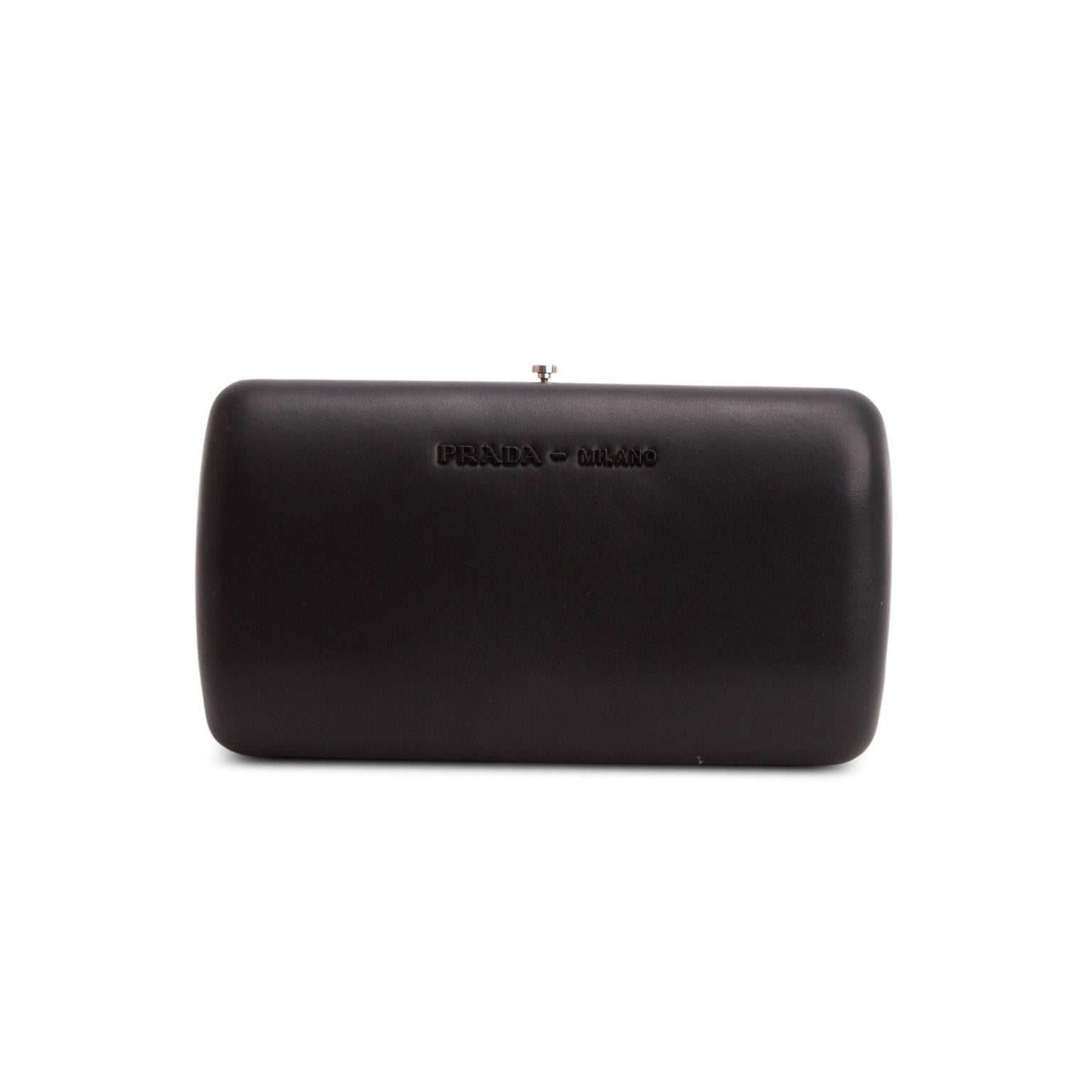 Prada Black Nappa Kiss Lock Clutch w/ Box, Authenticity Card & Chain