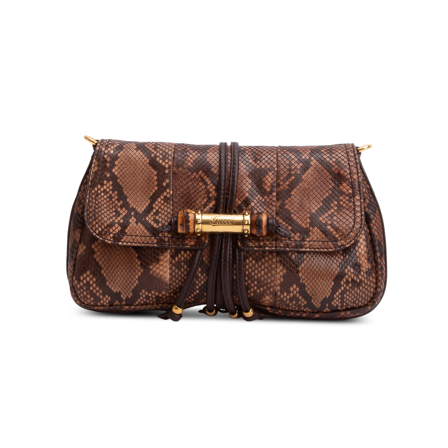 Gucci Brown Python Bamboo Croisette Evening Bag w/ Box
