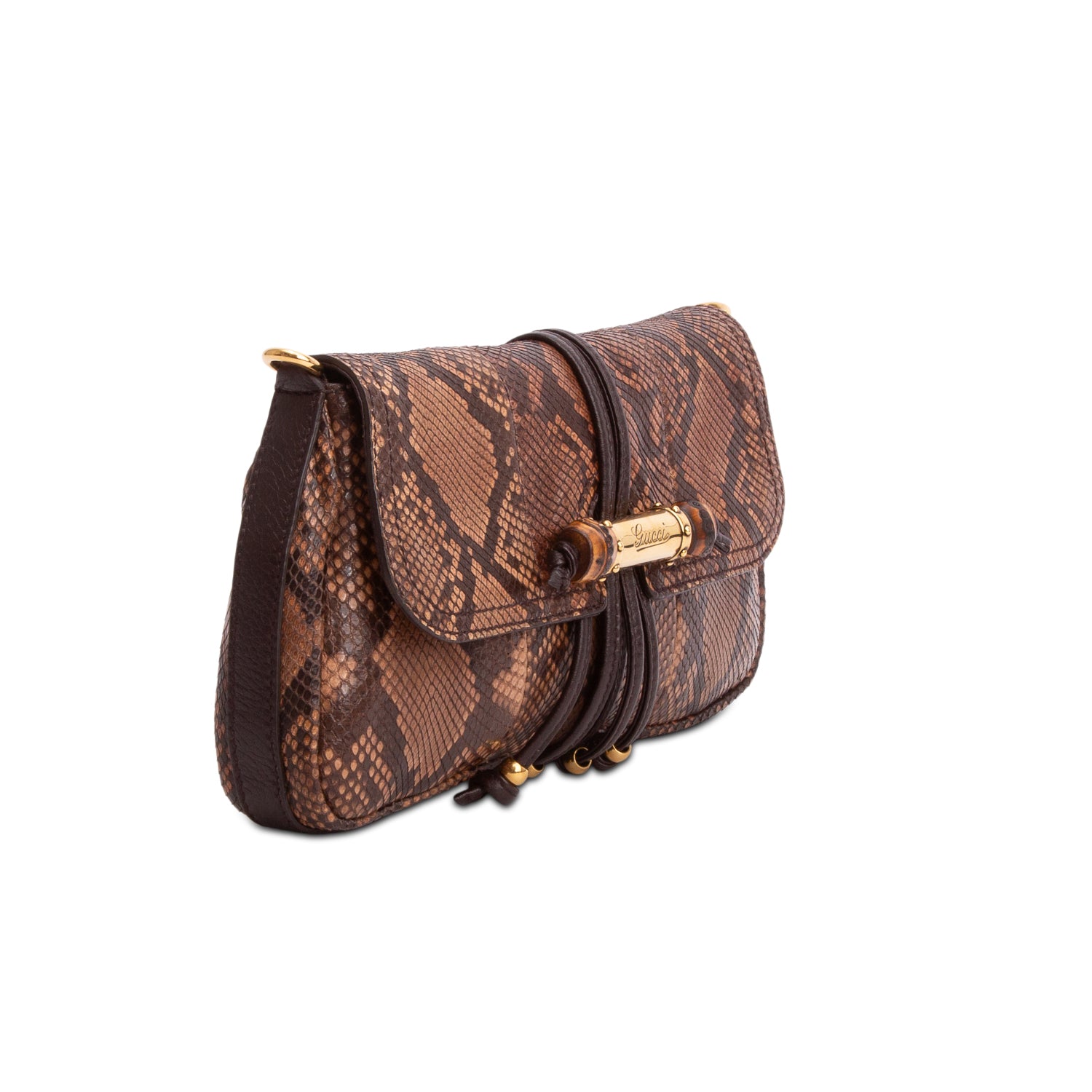 Gucci Brown Python Bamboo Croisette Evening Bag w/ Box