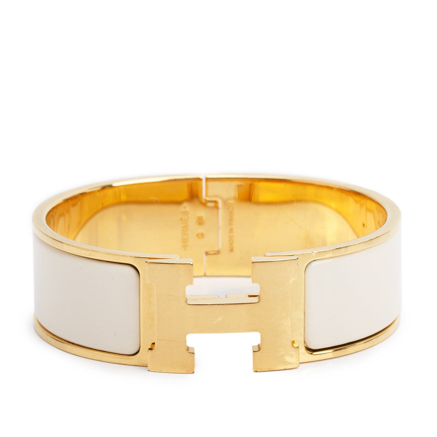 Hermes Gold-Plated Blanc Enamel Clic Clac H Bracelet w/ Box