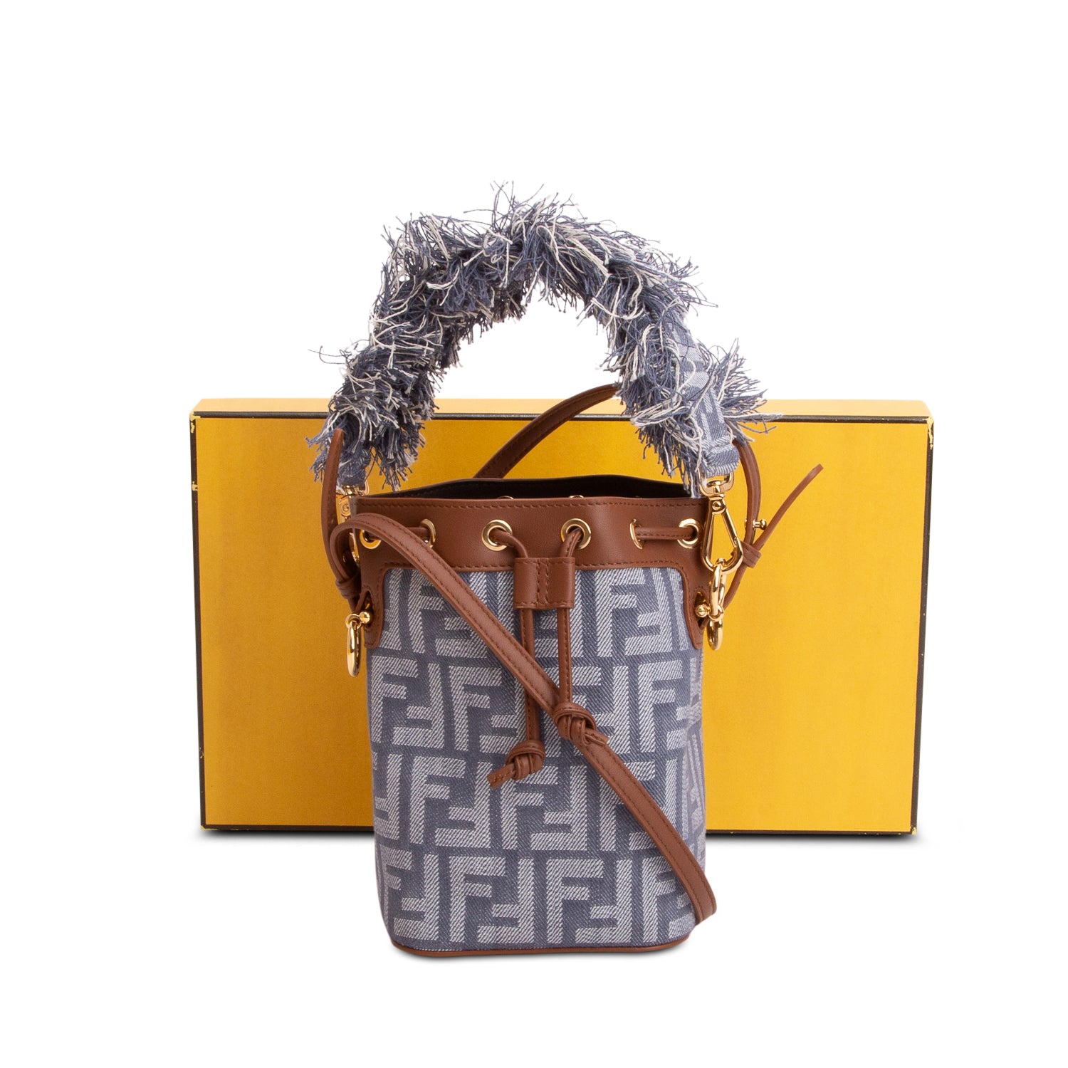Fendi Blue Denim Effect Fabric FF Jacquard Vitello Mini Mon Tresor Bucket Bag w/ Straps
