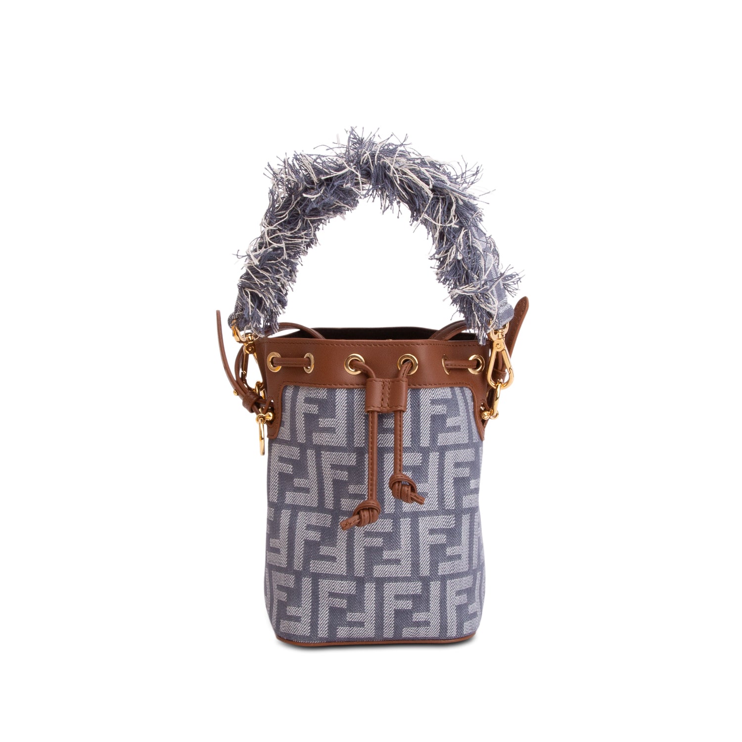 Fendi Blue Denim Effect Fabric FF Jacquard Vitello Mini Mon Tresor Bucket Bag w/ Straps