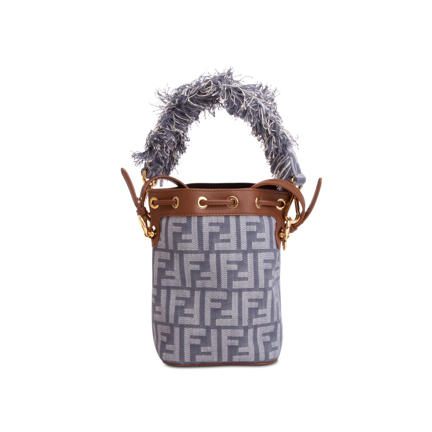 Fendi Blue Denim Effect Fabric FF Jacquard Vitello Mini Mon Tresor Bucket Bag w/ Straps
