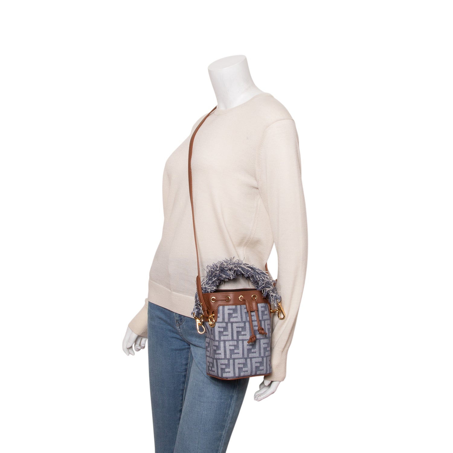 Fendi Blue Denim Effect Fabric FF Jacquard Vitello Mini Mon Tresor Bucket Bag w/ Straps