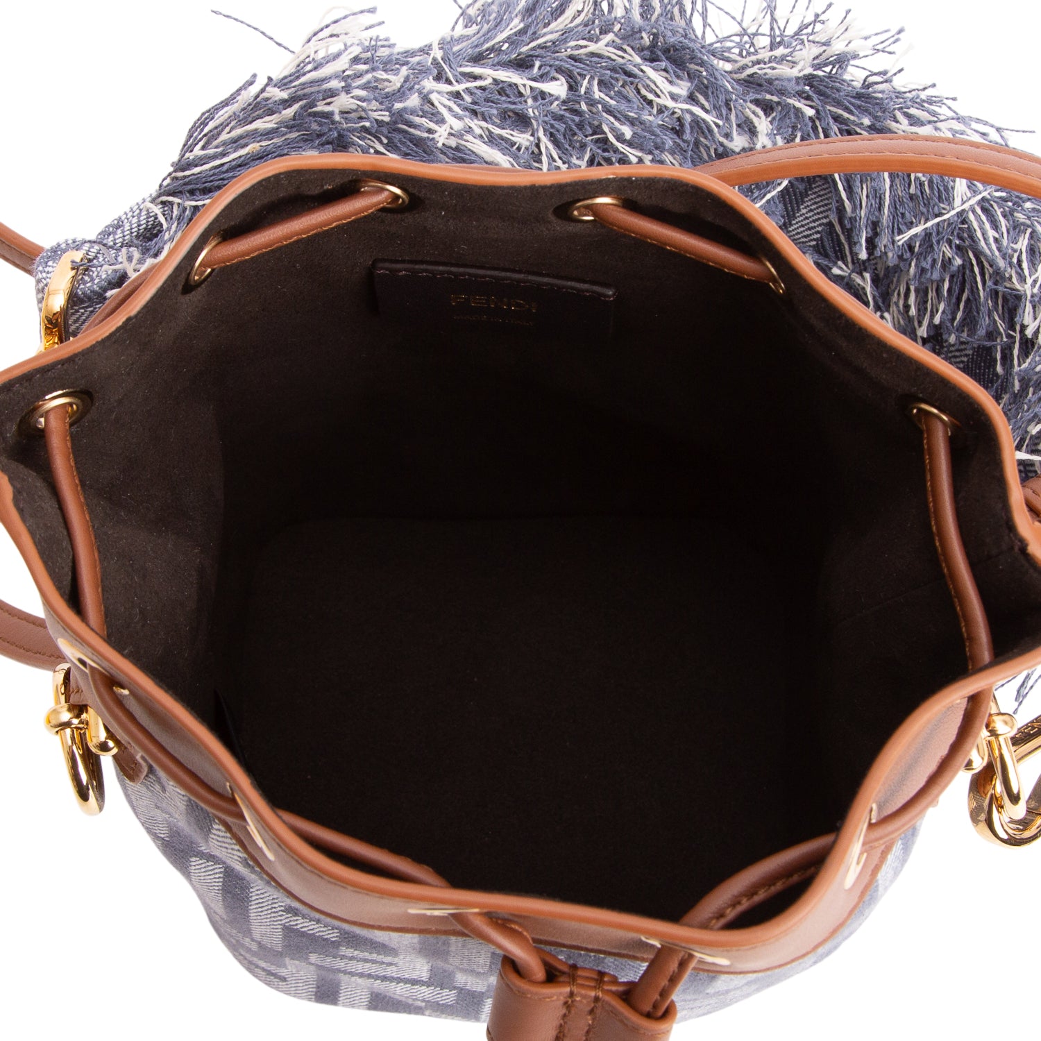 Fendi Blue Denim Effect Fabric FF Jacquard Vitello Mini Mon Tresor Bucket Bag w/ Straps