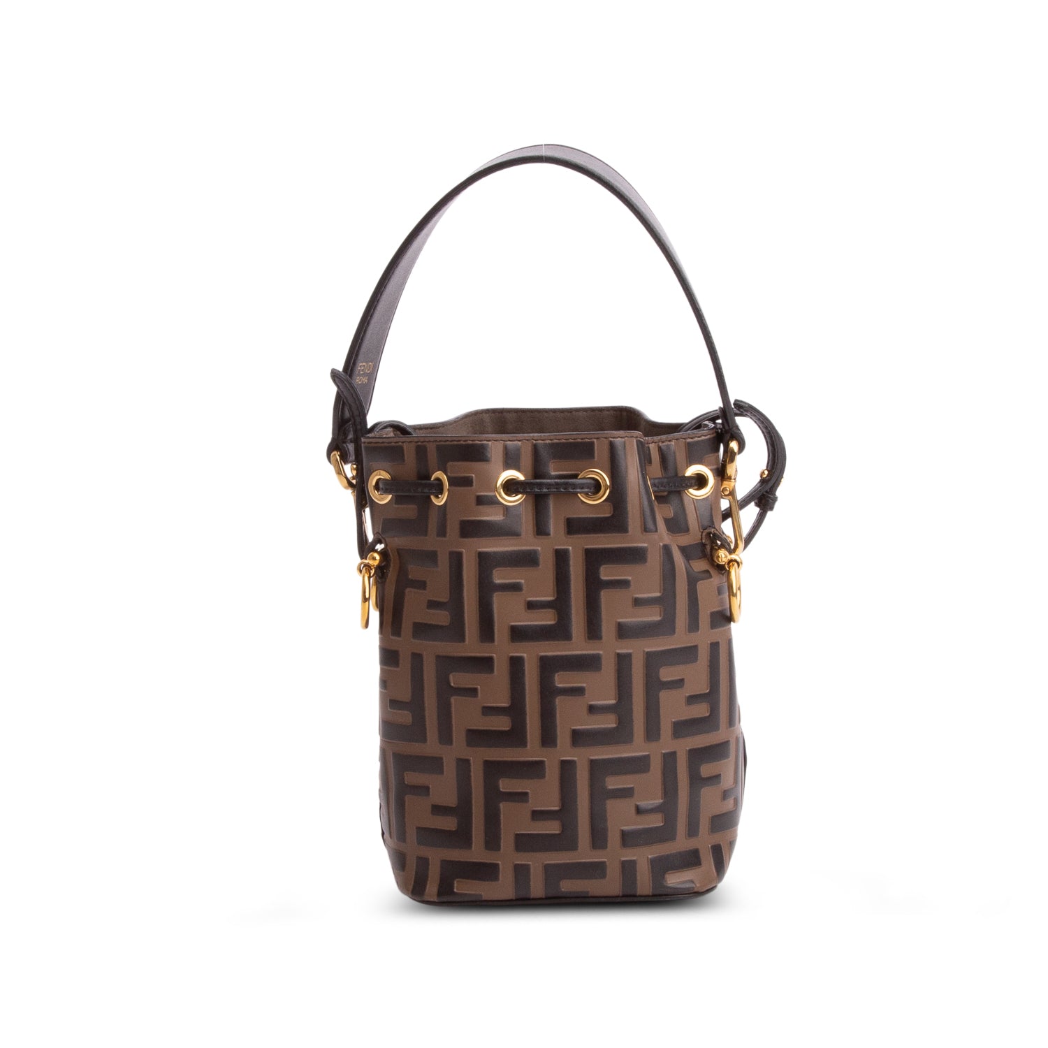 Fendi Brown/Black Vitello Liberty F is Fendi FF 1974 Embossed Mini Mon Tresor Bucket Bag w/ Straps