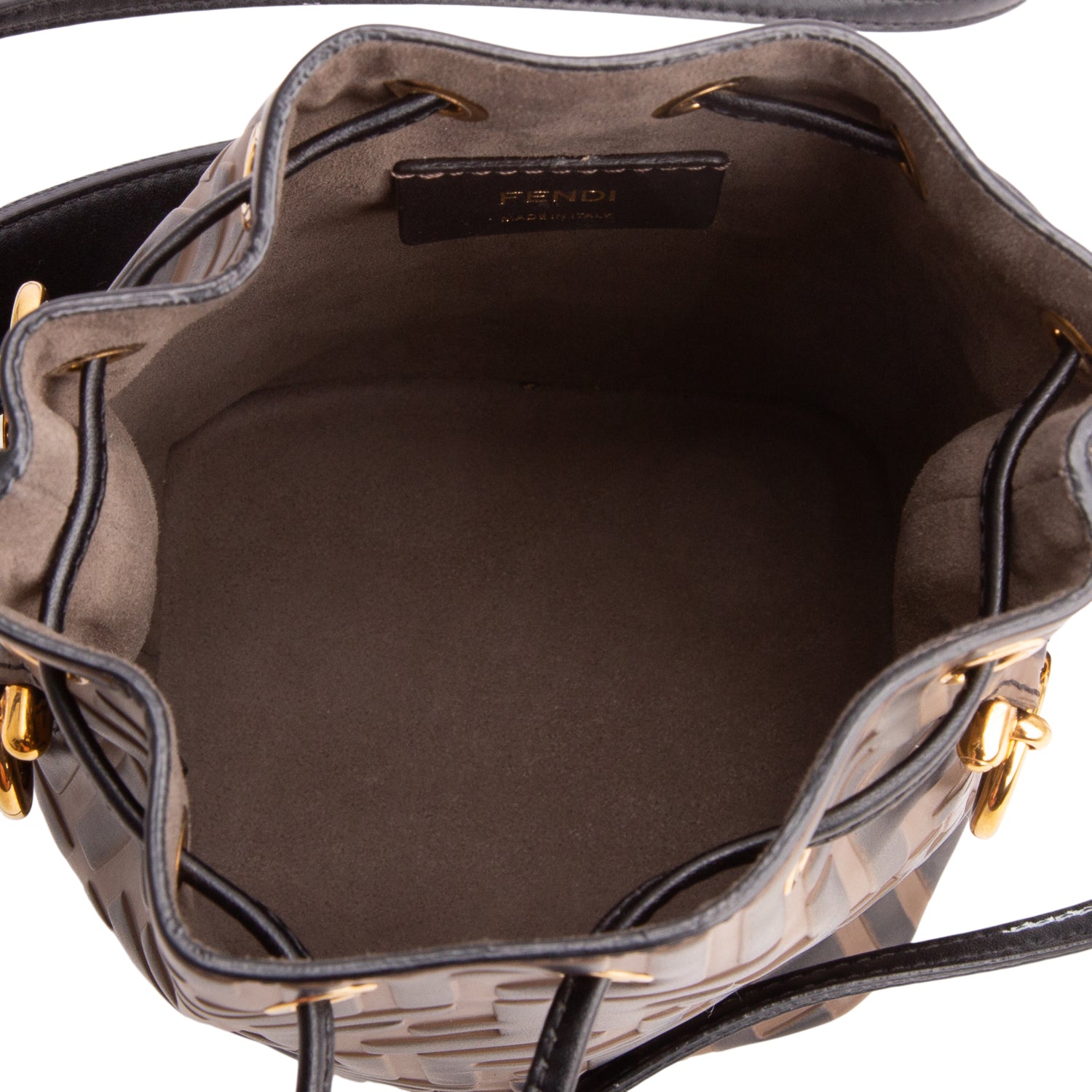 Fendi Brown/Black Vitello Liberty F is Fendi FF 1974 Embossed Mini Mon Tresor Bucket Bag w/ Straps