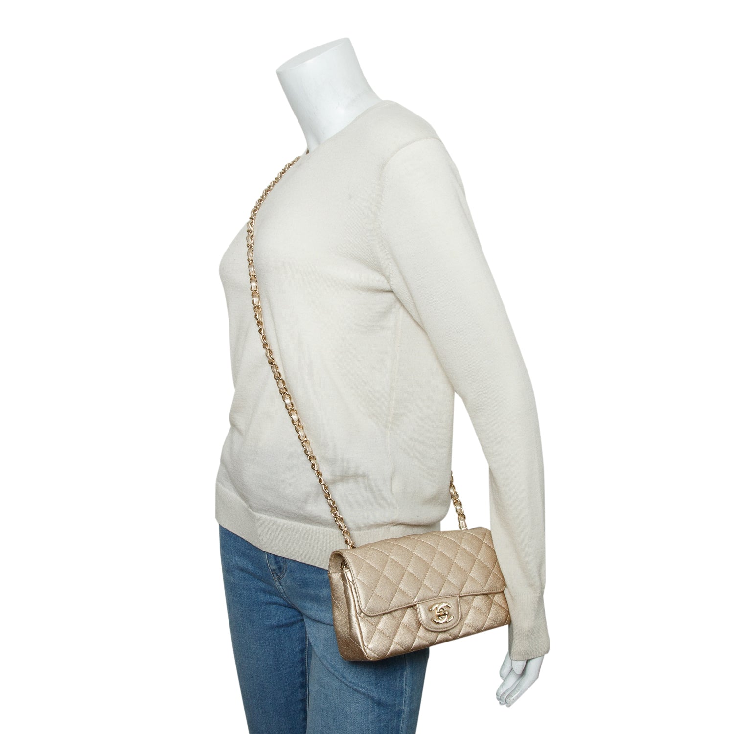 Chanel 2021 Gold Lambskin Quilted Mini Rectangular Flap Bag w/ Authenticity Card