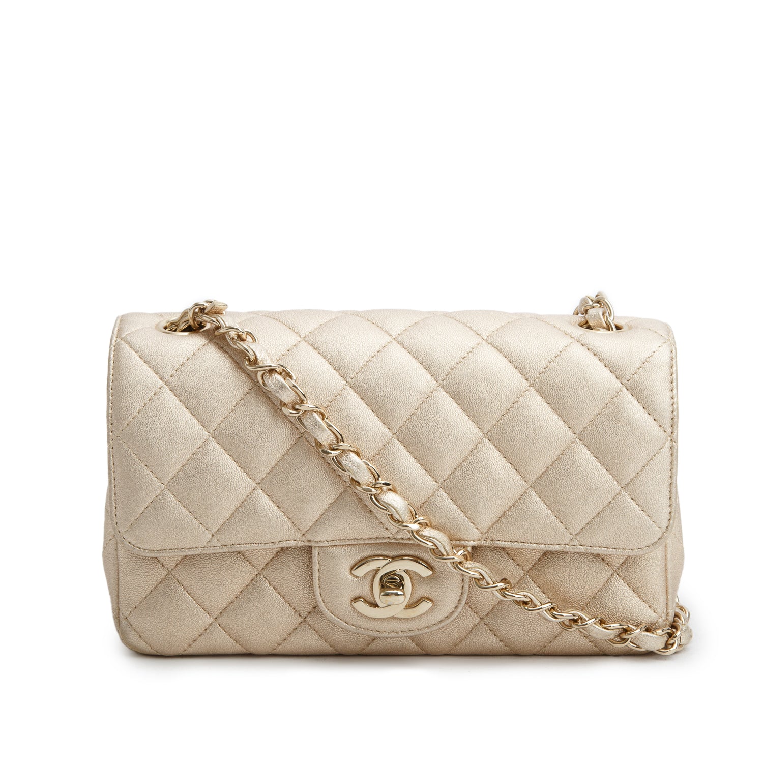 Chanel 2021 Gold Lambskin Quilted Mini Rectangular Flap Bag w/ Authenticity Card