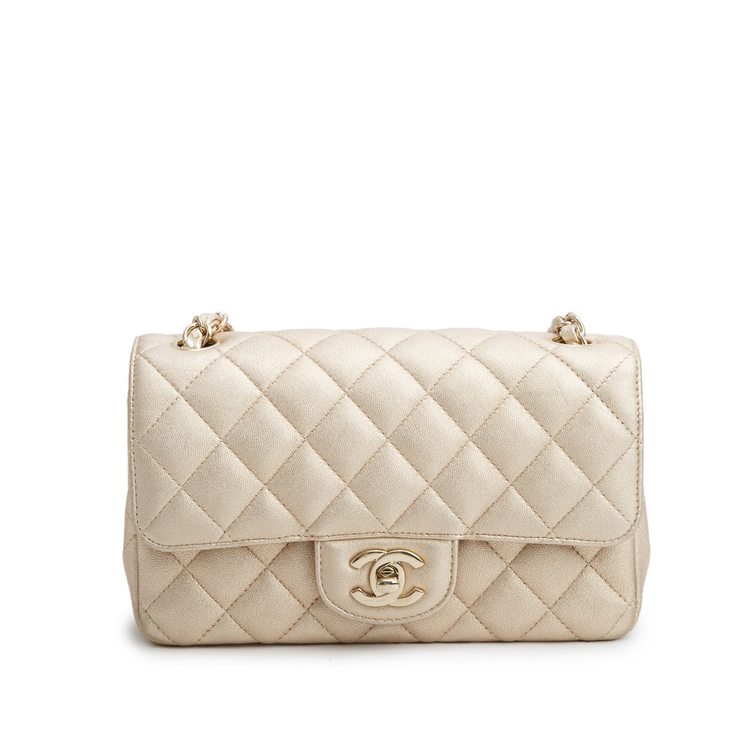 Chanel 2021 Gold Lambskin Quilted Mini Rectangular Flap Bag w/ Authenticity Card