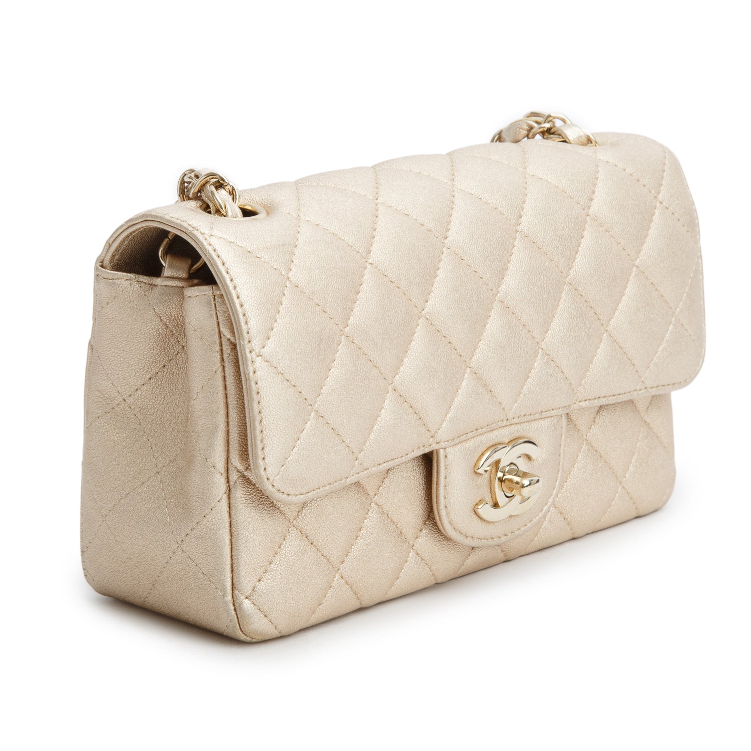 Chanel 2021 Gold Lambskin Quilted Mini Rectangular Flap Bag w/ Authenticity Card