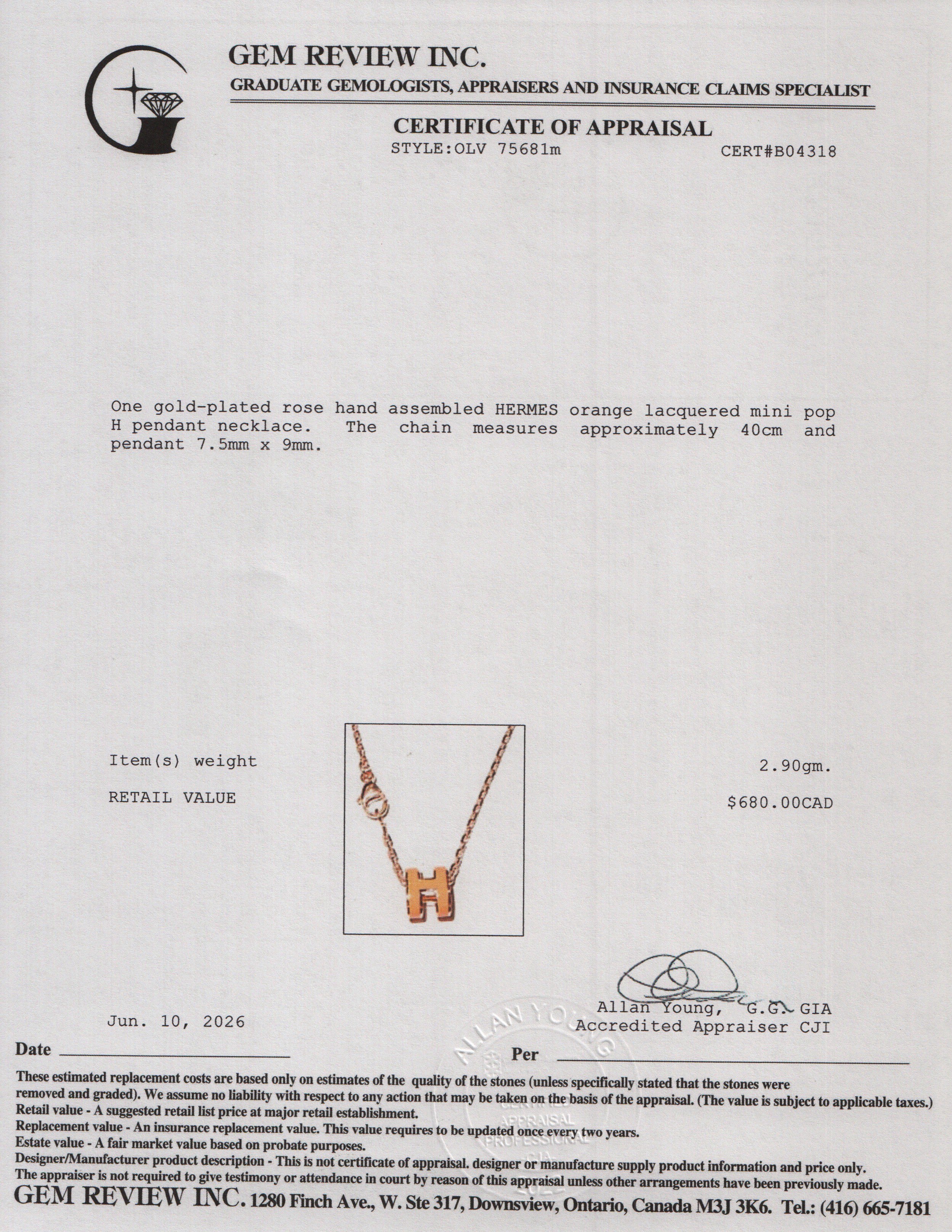 Hermes Rose Gold-Plated Orange Lacquered Mini Pop H Pendant Necklace