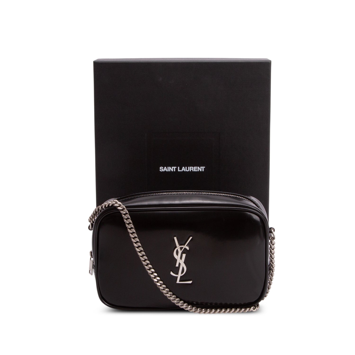 Saint Laurent 2023 Black Shiny Calfskin Monogram Mini Lou Camera Bag w/ Box