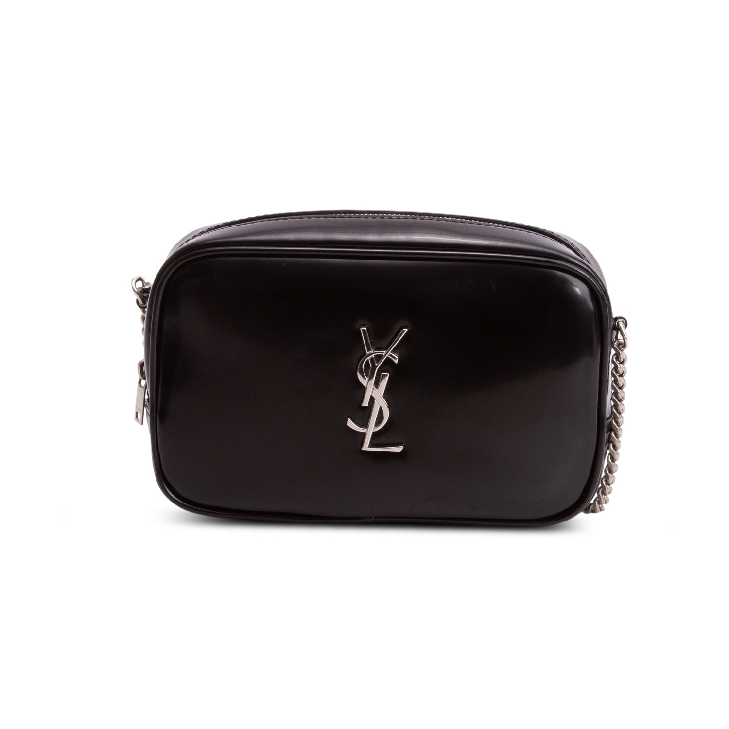 Saint Laurent 2023 Black Shiny Calfskin Monogram Mini Lou Camera Bag w/ Box