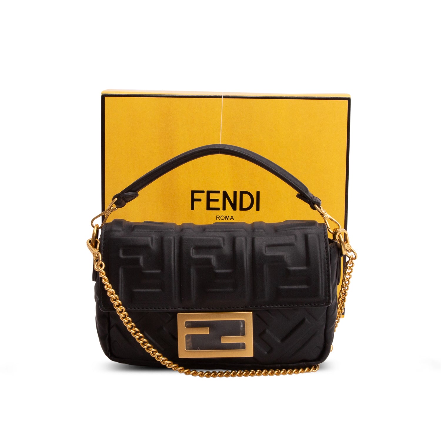 Fendi 2026 Black Nappa Mini FF Embossed Baguette w/ Box, Straps & Receipt