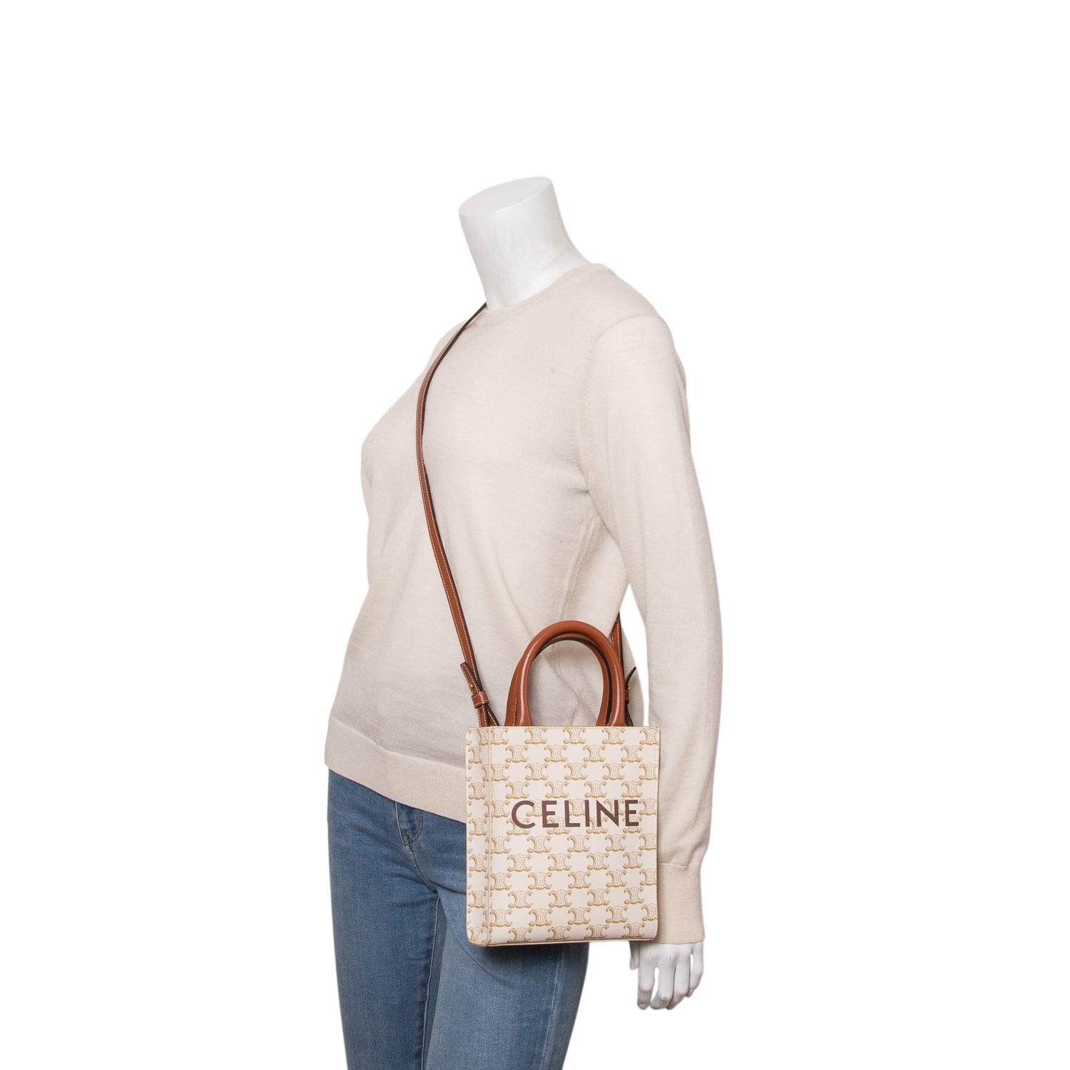 Celine 2021 White Triomphe Canvas Calfskin Mini Vertical Cabas w/ Strap