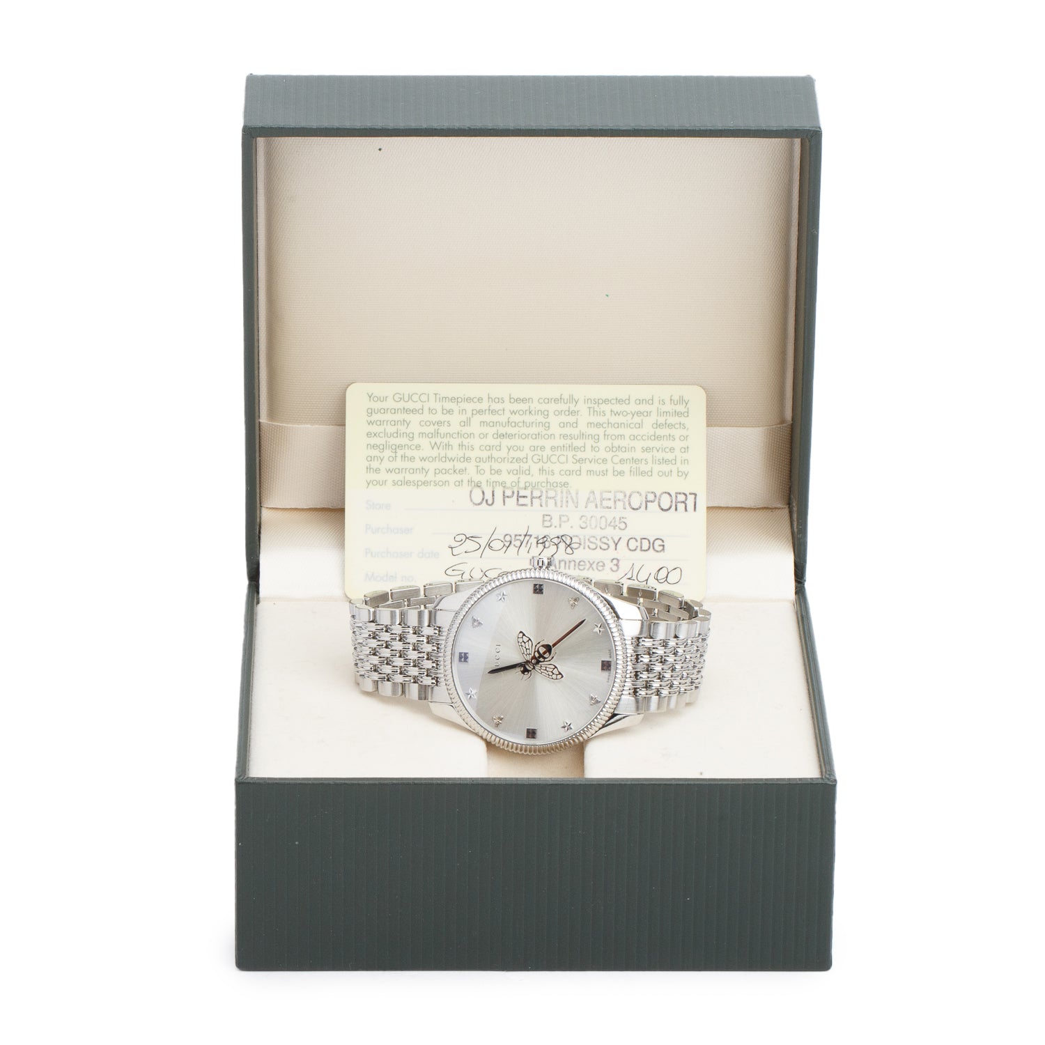 Gucci Stainless Steel G-Timeless Slim 36 MM Quartz Watch Silver Bee Motif Dial YA1264153 w/ Box