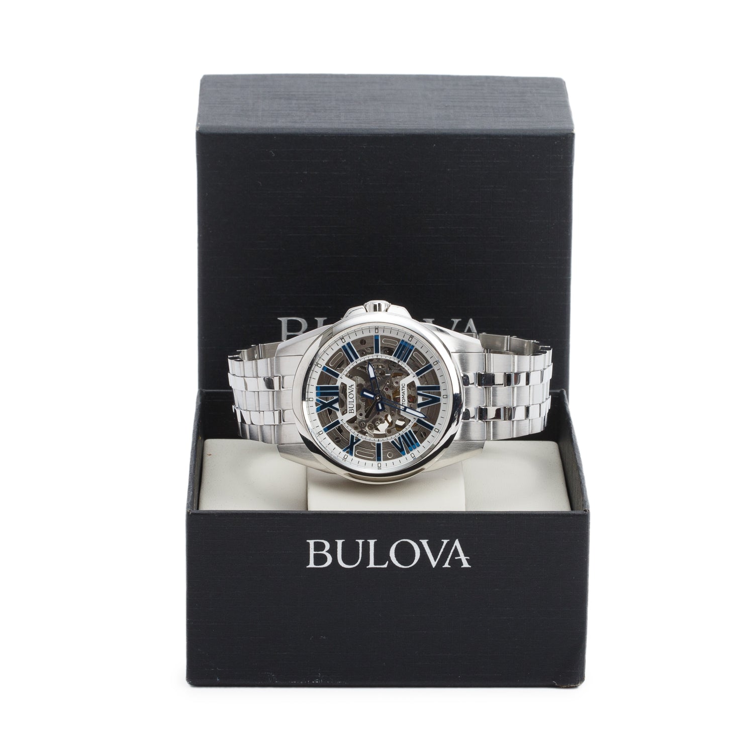 Bulova Stainless Steel Classic Sutton 43 MM Quartz Watch Blue Skeleton Dial 96A187 w/ Box