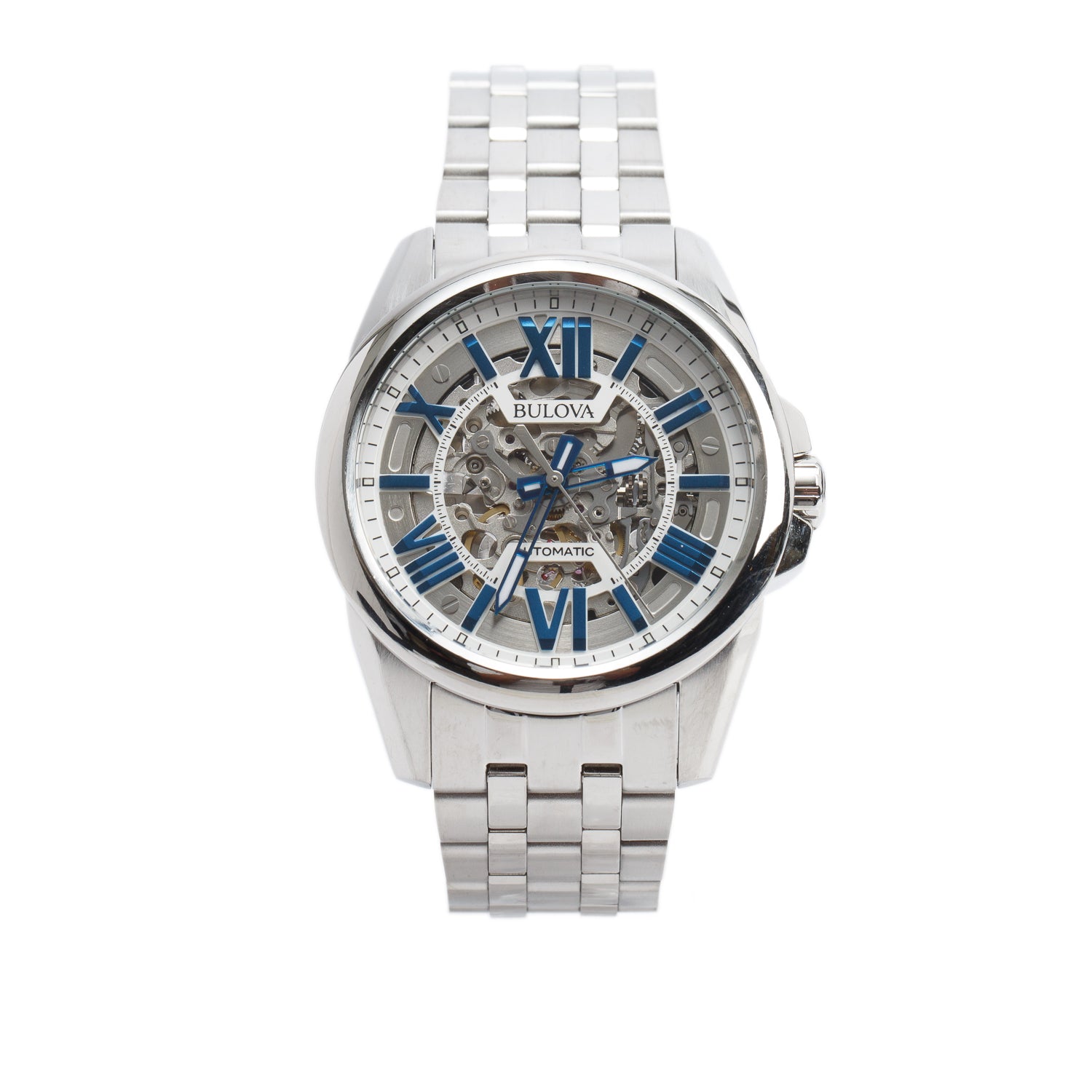 Bulova Stainless Steel Classic Sutton 43 MM Quartz Watch Blue Skeleton Dial 96A187 w/ Box