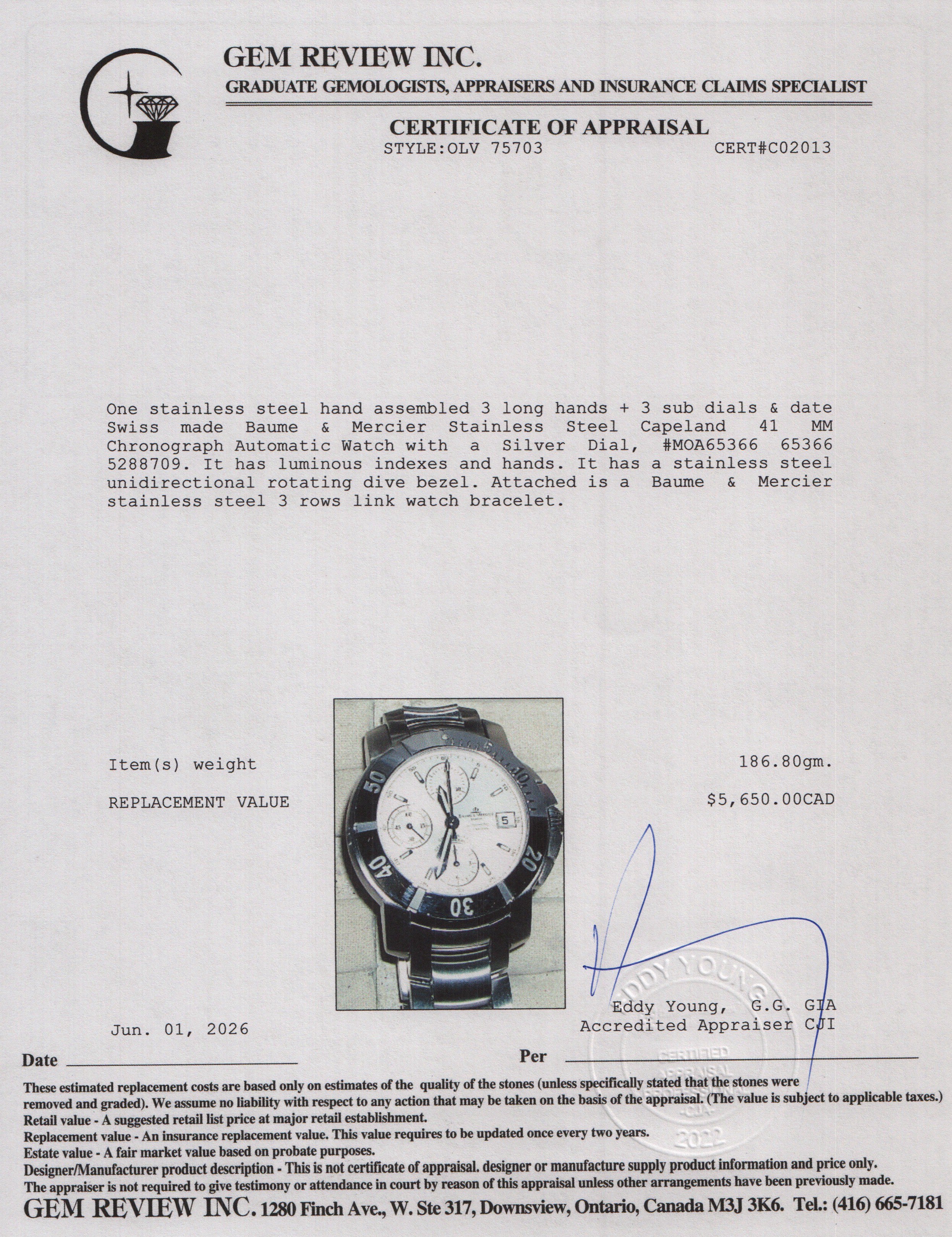 Baume & Mercier Stainless Steel Capeland 41 MM Chronograph Automatic Watch Silver Dial MOA65366