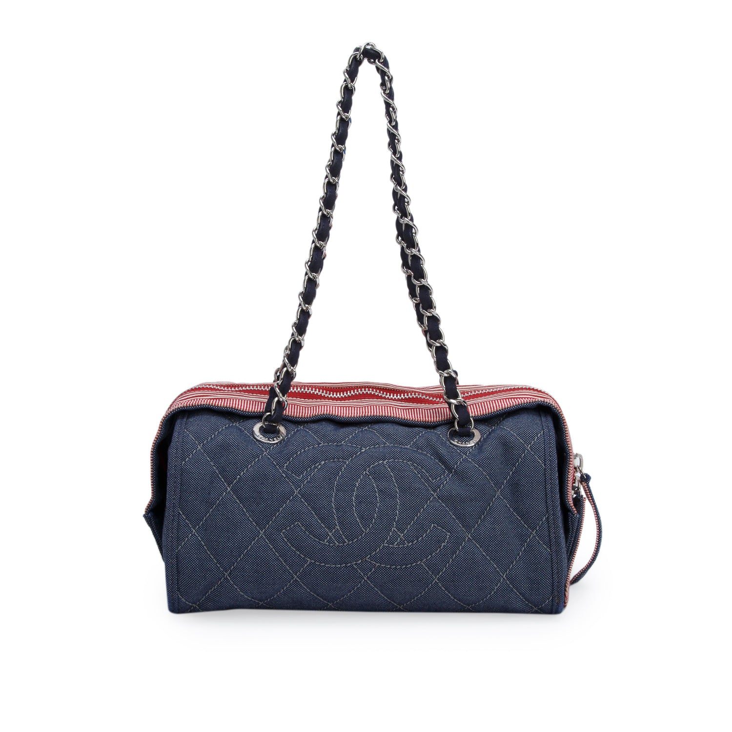 Chanel Blue Denim Quilted CC Chain Bowler Bag w/ Authenticity Card