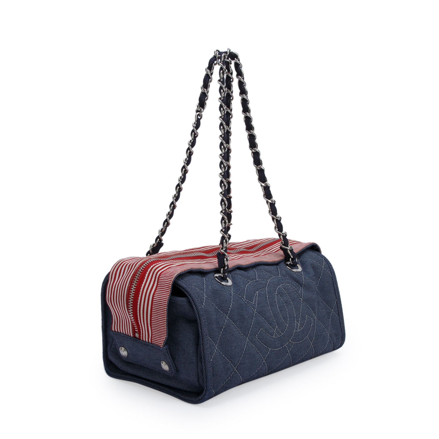 Chanel Blue Denim Quilted CC Chain Bowler Bag w/ Authenticity Card