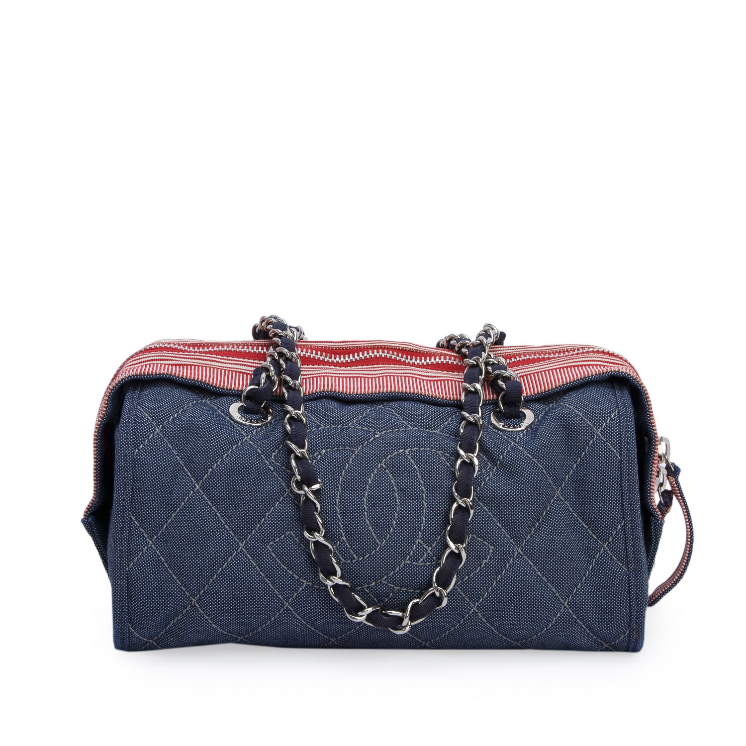 Chanel Blue Denim Quilted CC Chain Bowler Bag w/ Authenticity Card