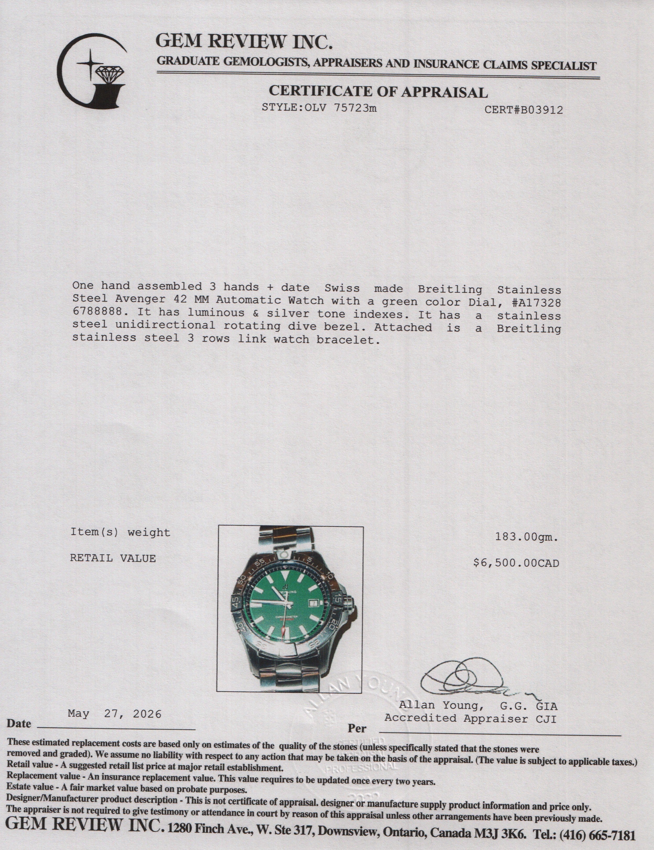 Breitling Stainless Steel Avenger 42 MM Automatic Watch Green Dial A17328 w/ Papers