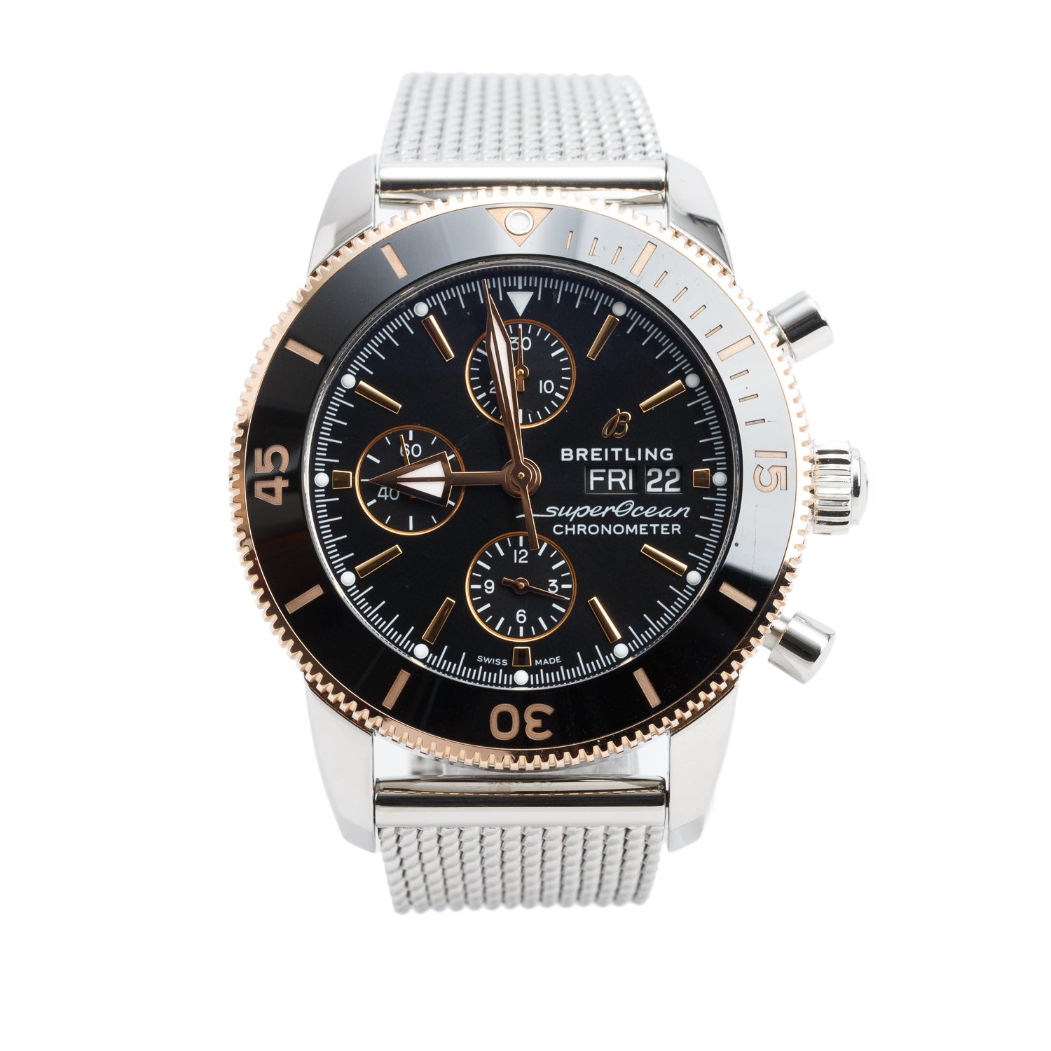 Breitling Stainless Steel & 18k Rose Gold Superocean Heritage Chronograph 44 MM Automatic Watch Black Dial U13313 w/ Box