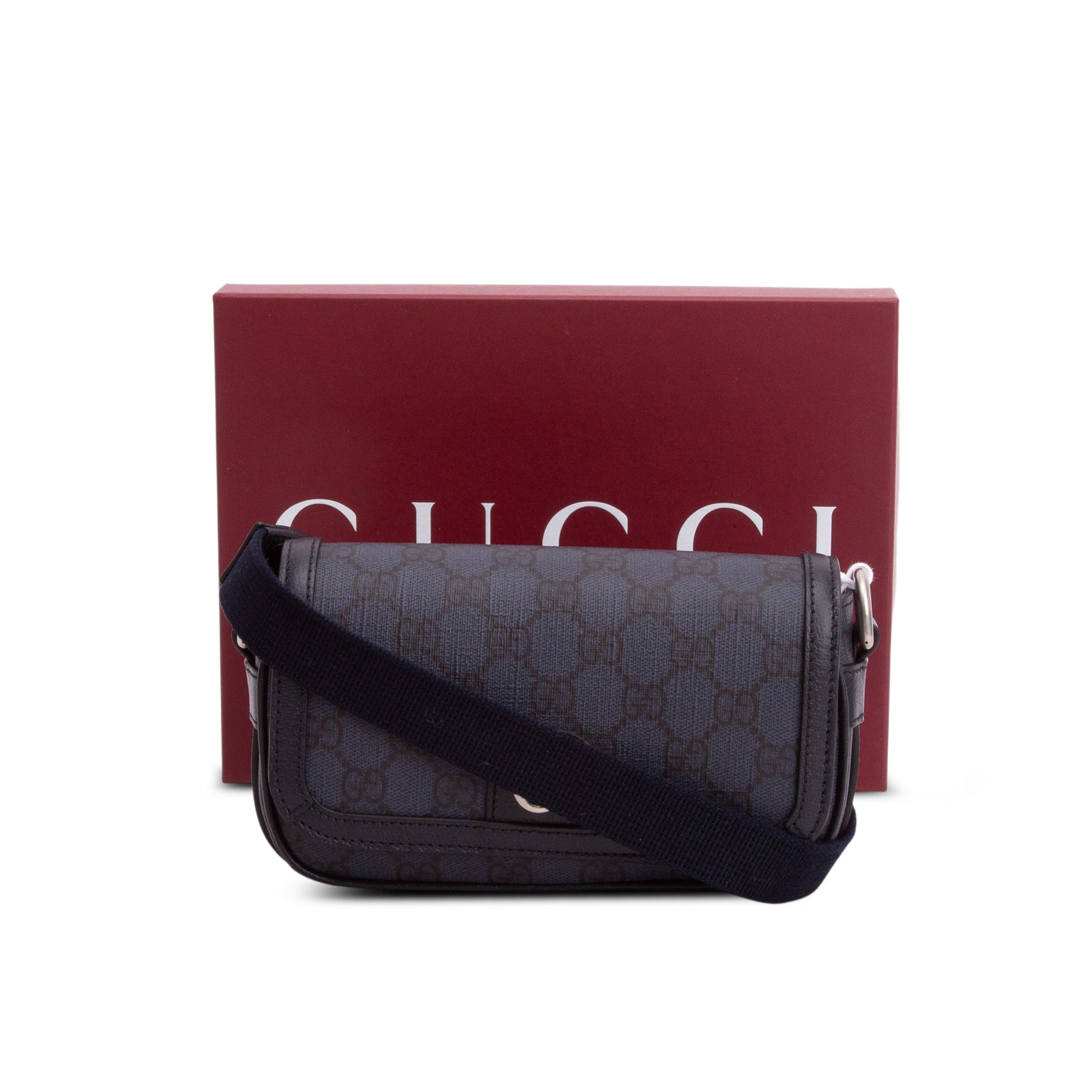 Gucci Navy GG Supreme Monogram Textured Dollar Calfskin Ophidia Mini Bag w/ Box