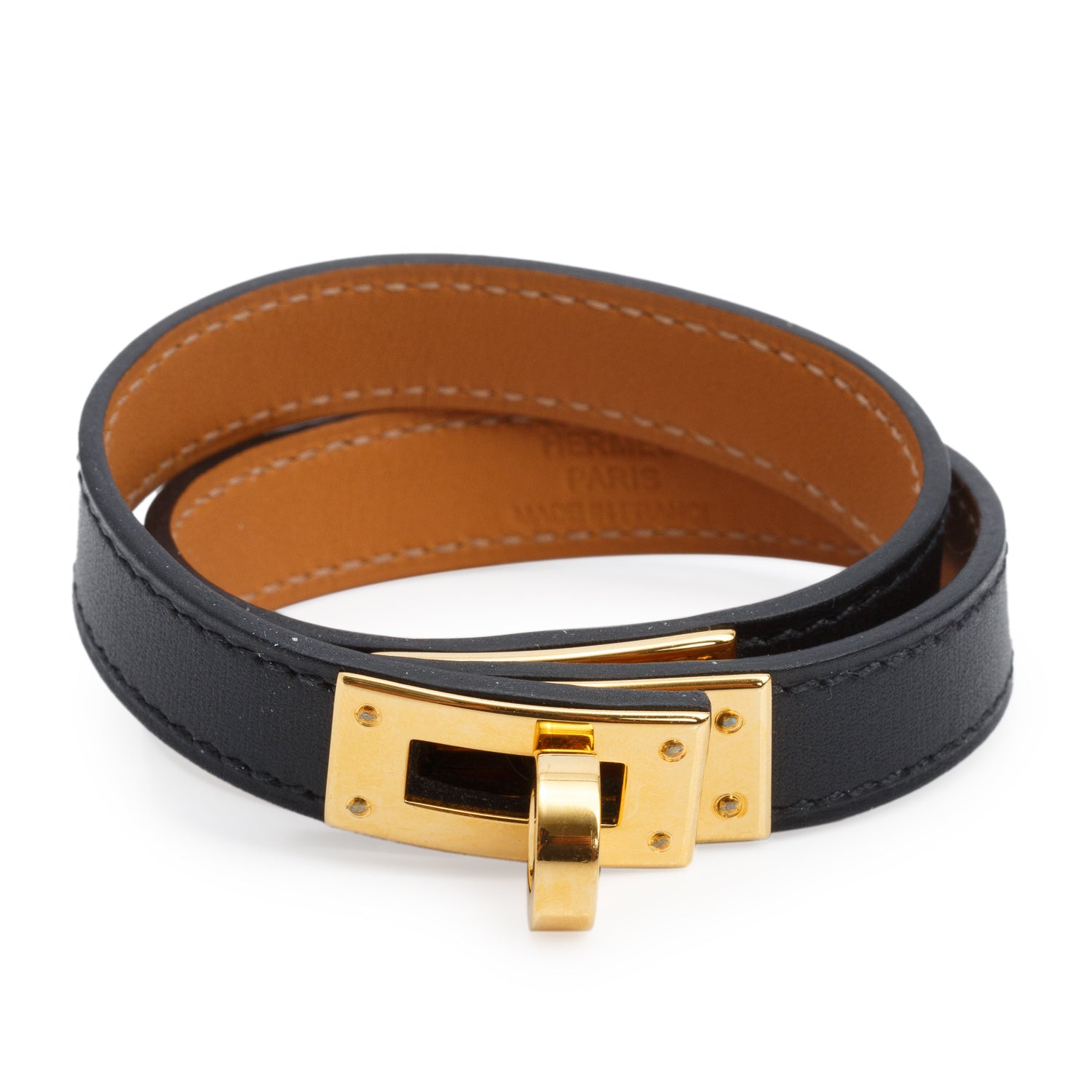 Hermes Gold Plated Black Calfskin Kelly Double Tour Bracelet, Size S