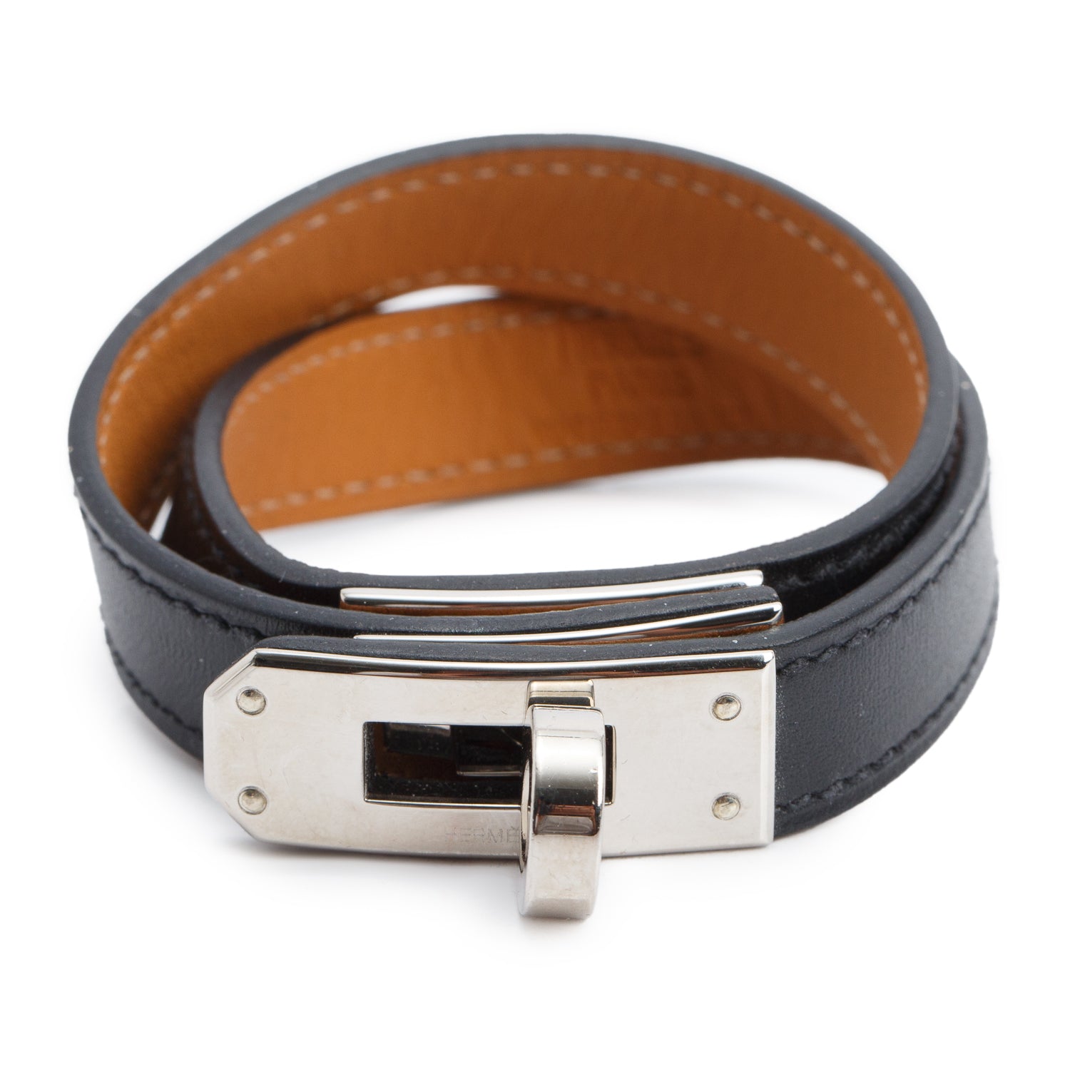 Hermes Palladium Plated Black Leather Mini Kelly Double Tour Bracelet, Size S