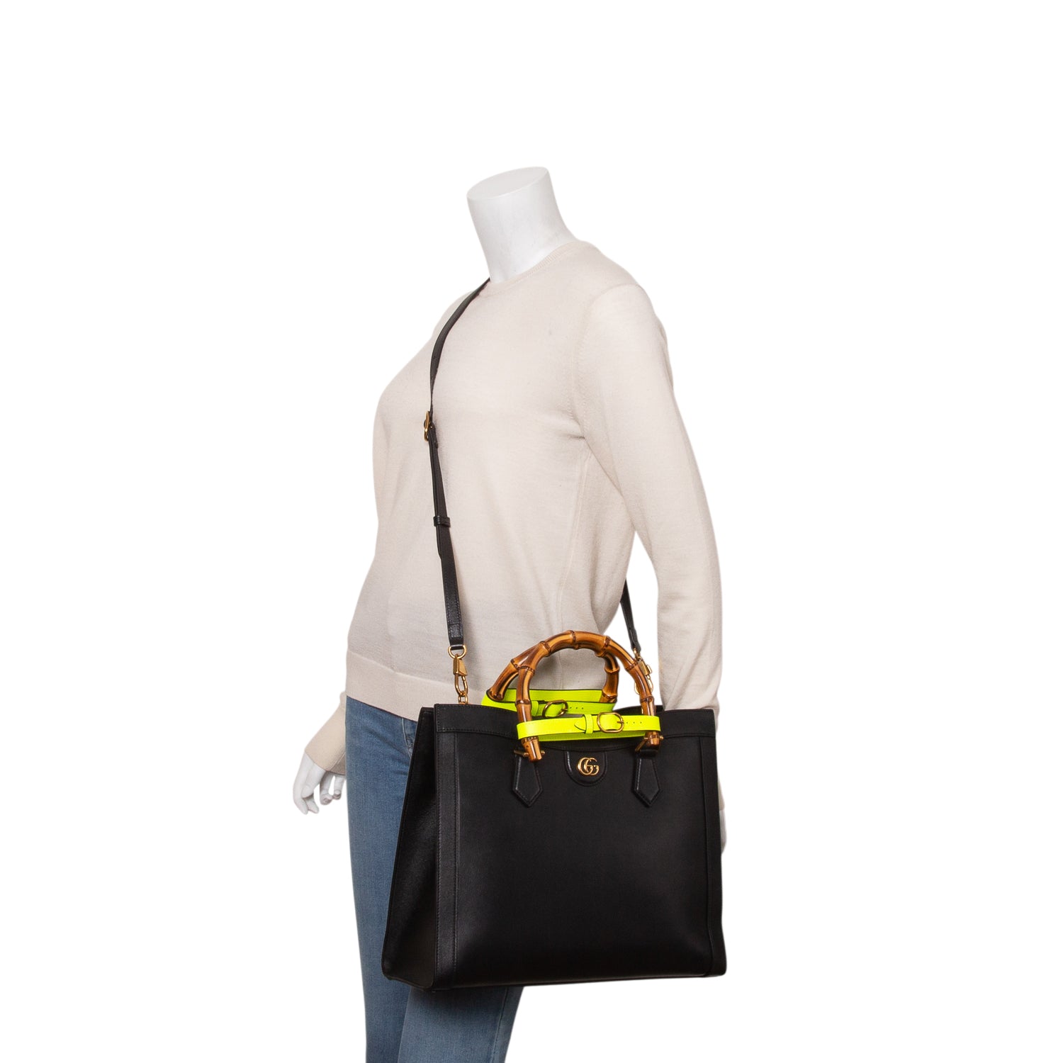 Gucci Black Textured Dollar Calfskin Medium Diana Tote Bag w/ Strap
